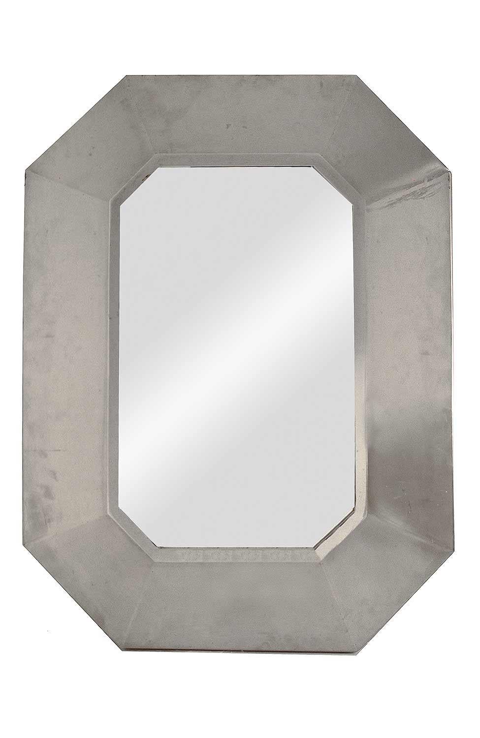 Octagonal mirror with an large steel frame and an inner rectangular shaped wand.
Wood structure at the back.
Some marks on the mirror essentially due to age. A spot on the mirror, bottom left.
Work attributed to Maison Jansen, circa 1970s.
 