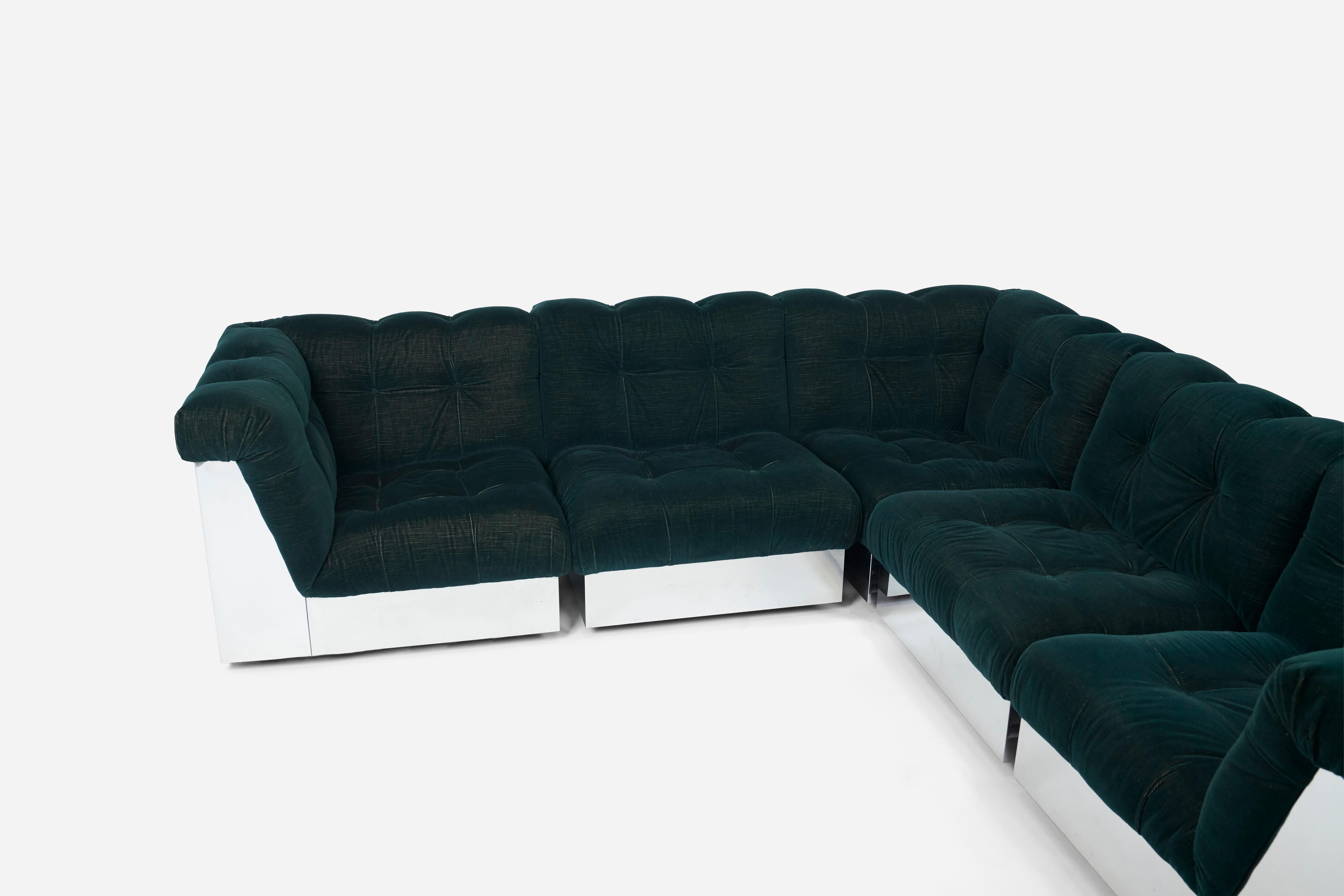 Stainless steel cased sectional sofas with original, deep tufted mohair velvet upholstery, designed by Giorgio Montani for Souplina. Manufactured by Souplina, French, 1970s. 4 corner sections are 33