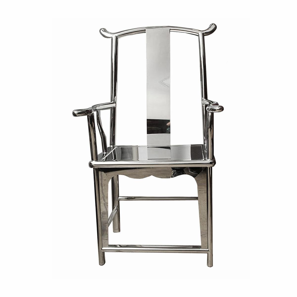 An Official's hat style armchair, reproduced in stainless steel. A classic Asian piece, reinvented in a contemporary way. A great piece for a modern decoration with an exotic touch.