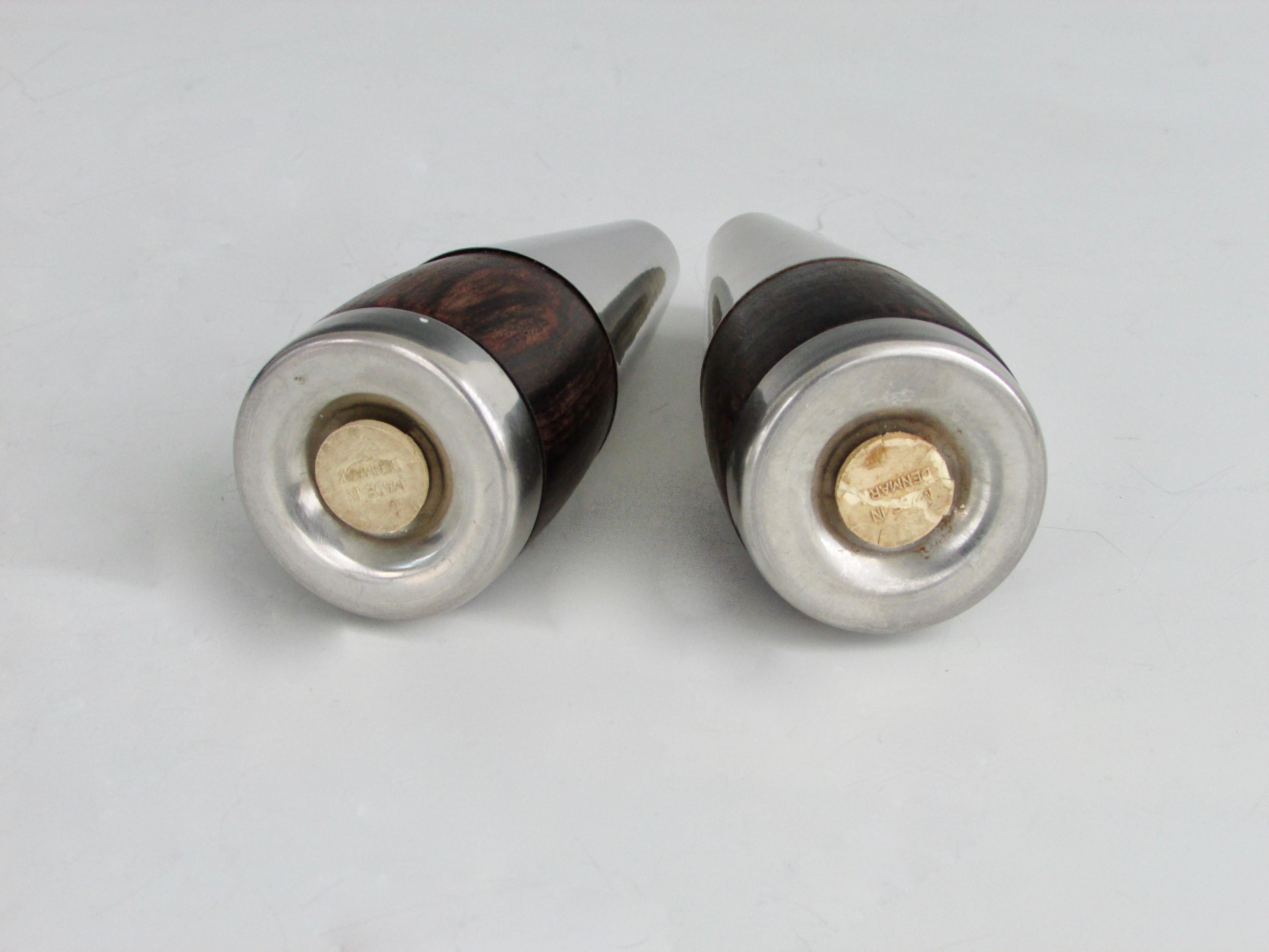 Stainless Steel on Rosewood Modernist Salt and Pepper Shakers Marked Denmark In Good Condition For Sale In Ferndale, MI