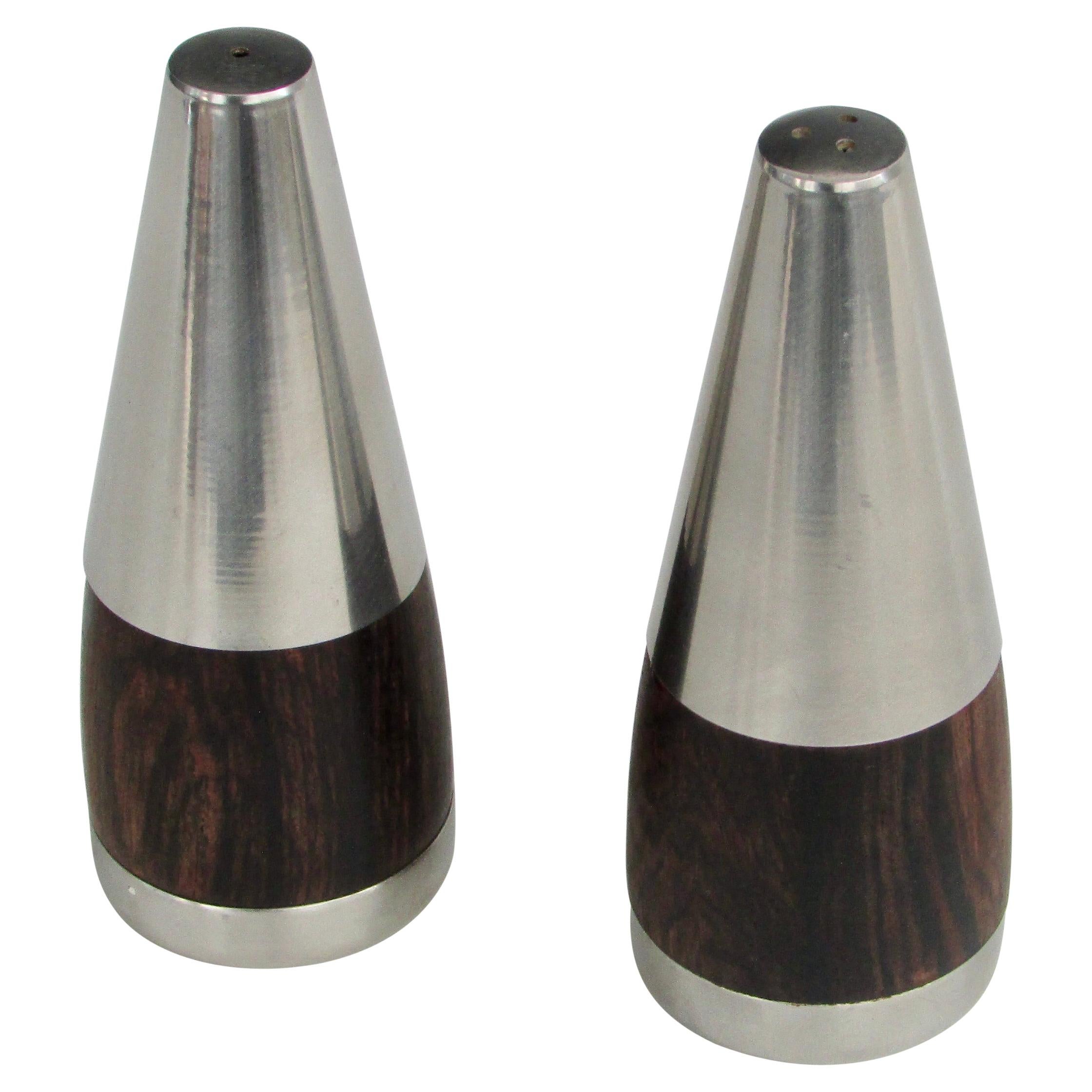 Stainless Steel on Rosewood Modernist Salt and Pepper Shakers Marked Denmark For Sale