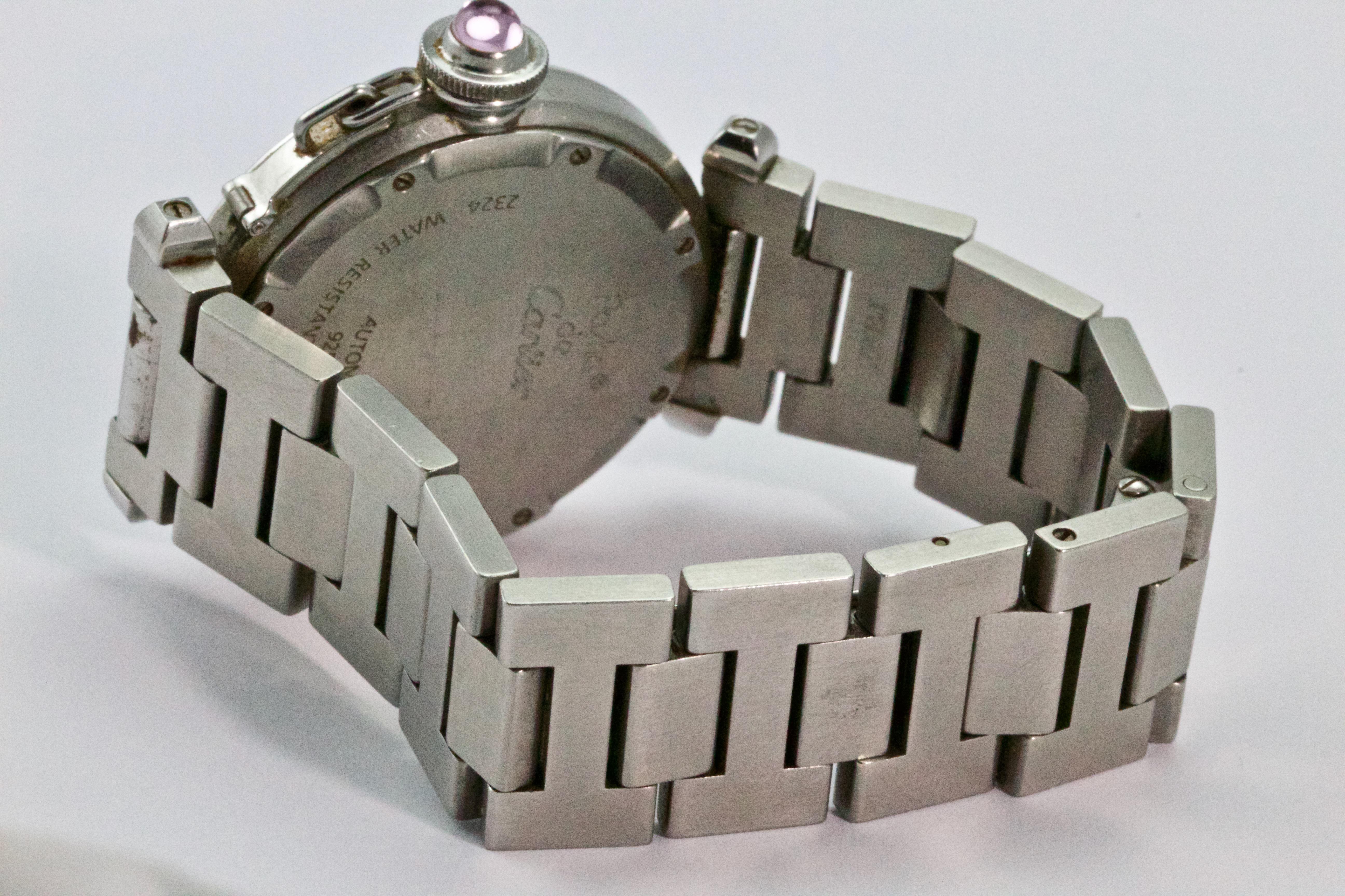 Stainless Steel Pasha de Cartier Diamond Large Automatic Ladies Wristwatch In Good Condition In Chipping Campden, GB