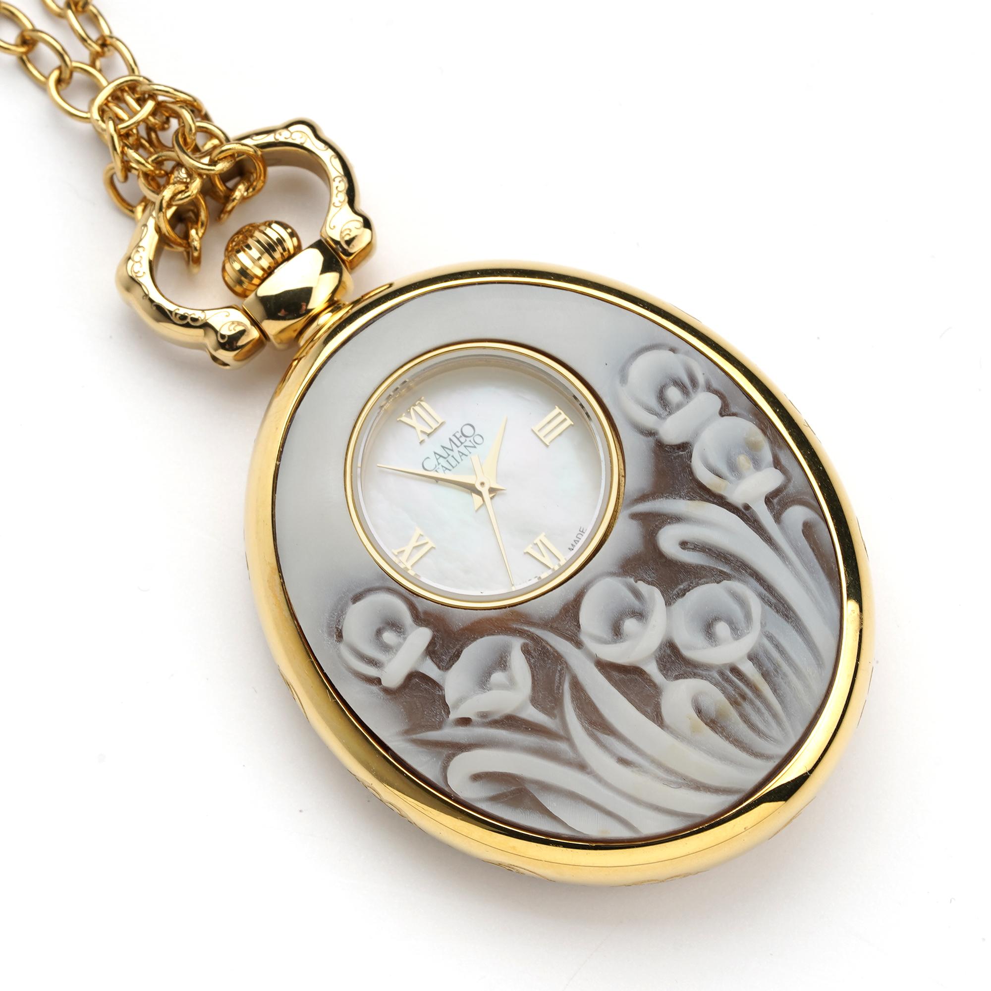 Stainless steel Pendant  Watch with Sea Shell Cameos PVD treated with 45 mm Sea Shell Cameos.  Fully handcarved tulips on a sea shell cameo set on   Stainless steel Pendant  Watch with  PVD treated . Mother of perl dial.  Carvings are performed by