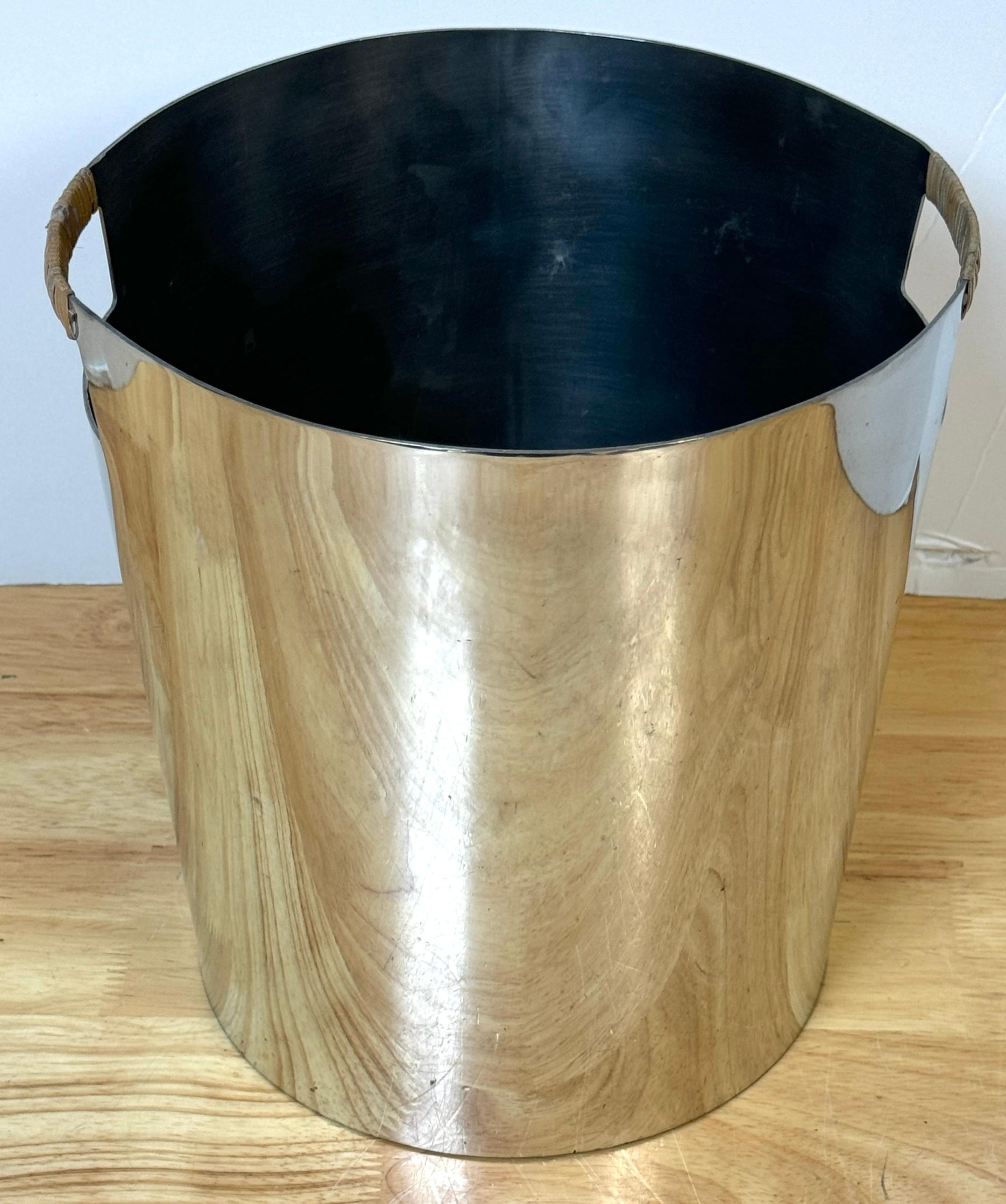 Modern Stainless Steel & Rattan Wastepaper / Trash Can by Waterworks, 1992