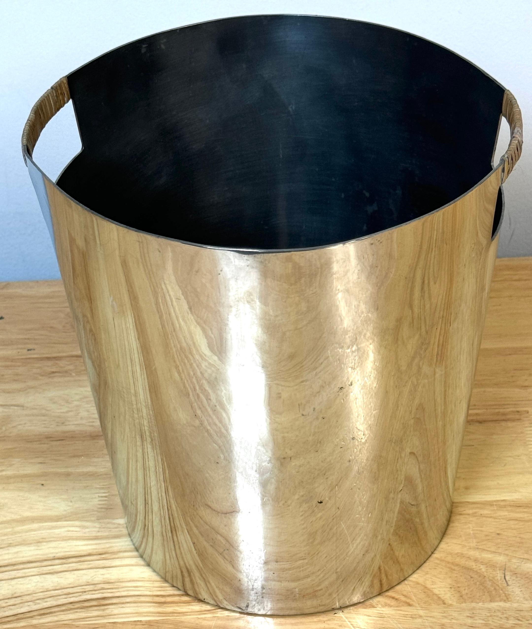 20th Century Stainless Steel & Rattan Wastepaper / Trash Can by Waterworks, 1992