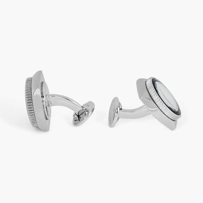 Stainless Steel Rollo Mother of Pearl Cufflinks

White mother of pearl has been engraved with our signature diamond pattern and set inside a stainless steel frame with black IP plating. Imitating the look and feel of a classic watch, with watch dial