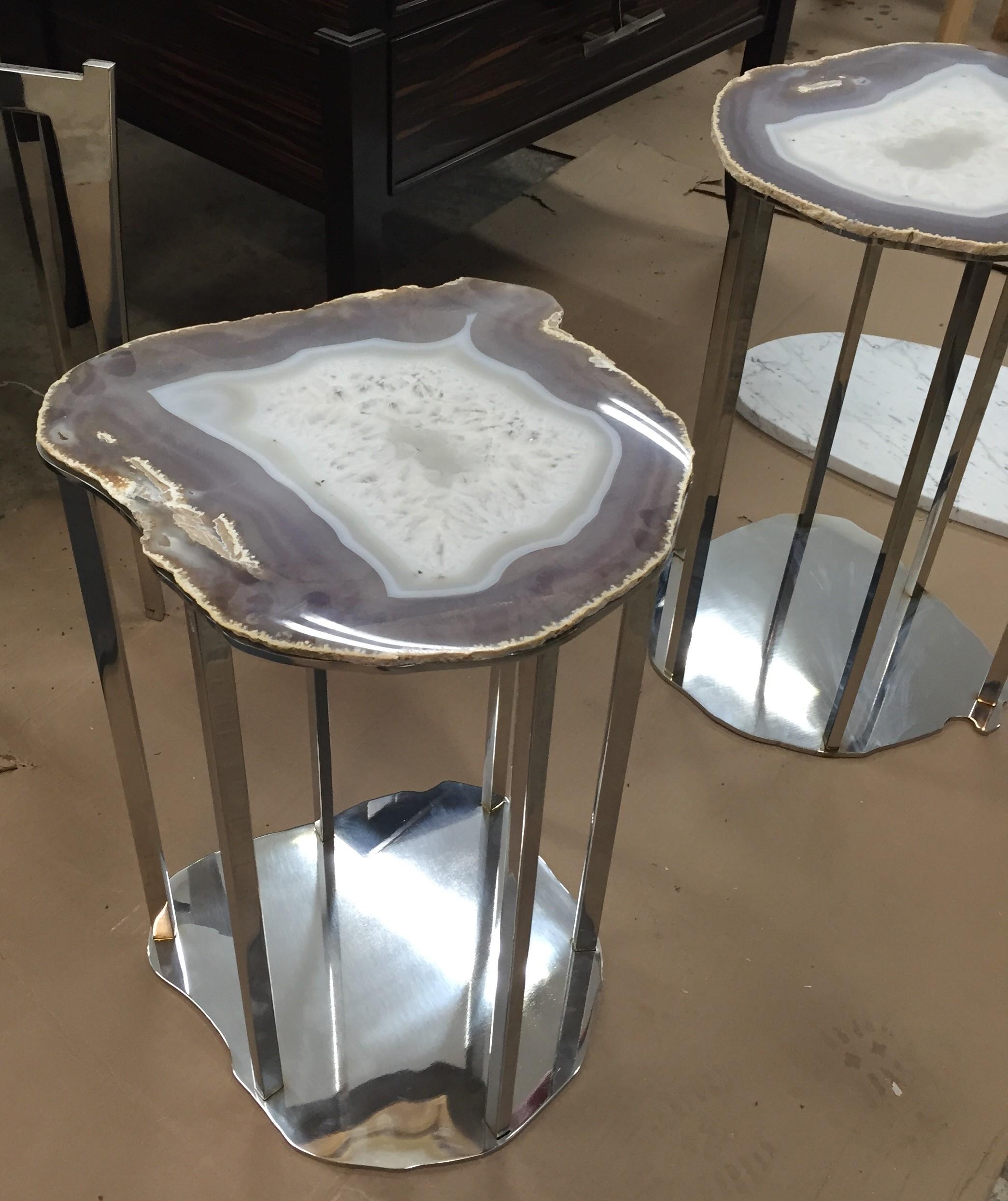 No longer in stock. Custom orders only.
Stainless steel amethyst stone side table
Other semi precious stone tops available.
Customizable with different metals including bronze, stainless steel, and blackened steel.
