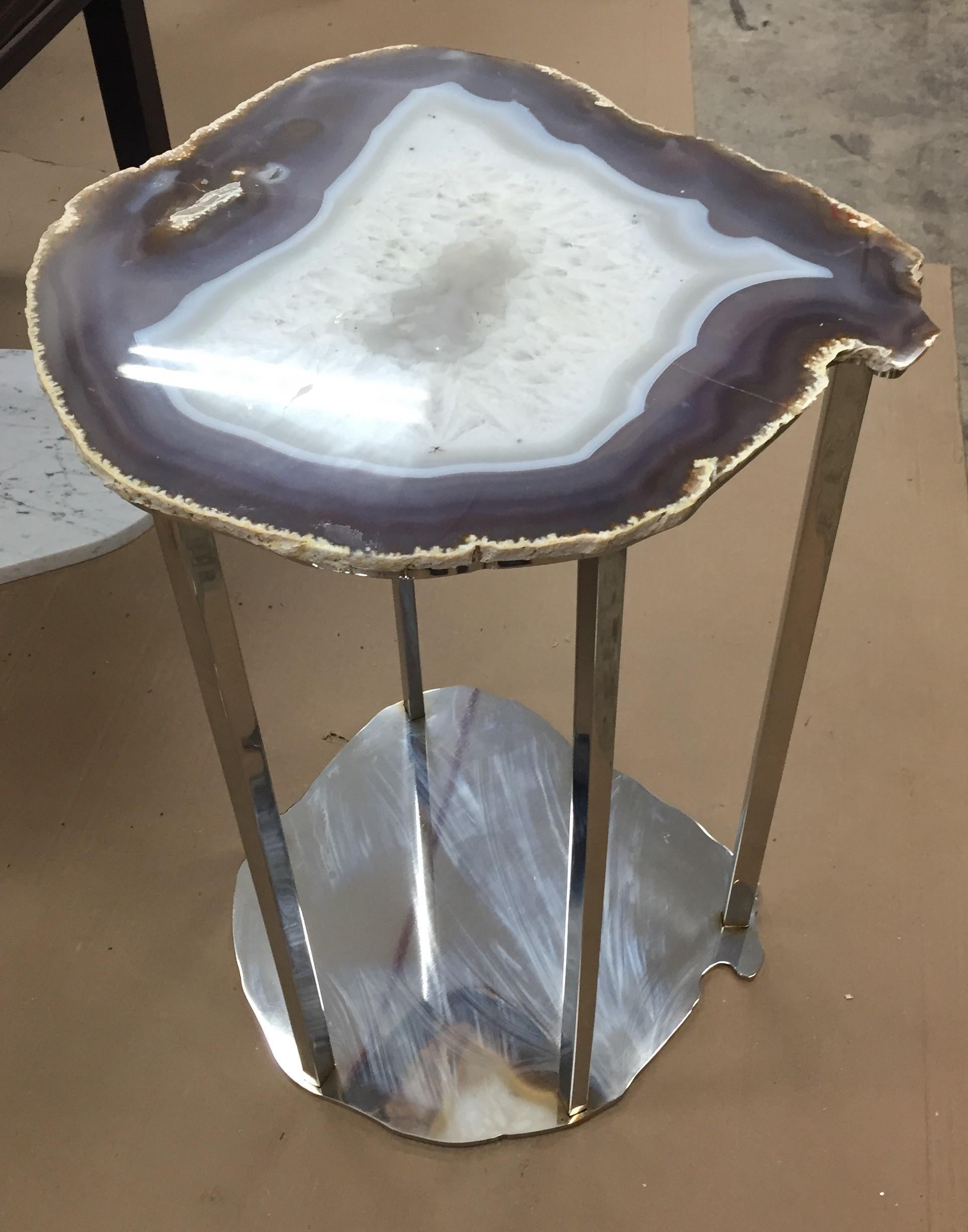 Organic Modern Stainless Steel Side Table with Amethyst Geode Stone Slice For Sale