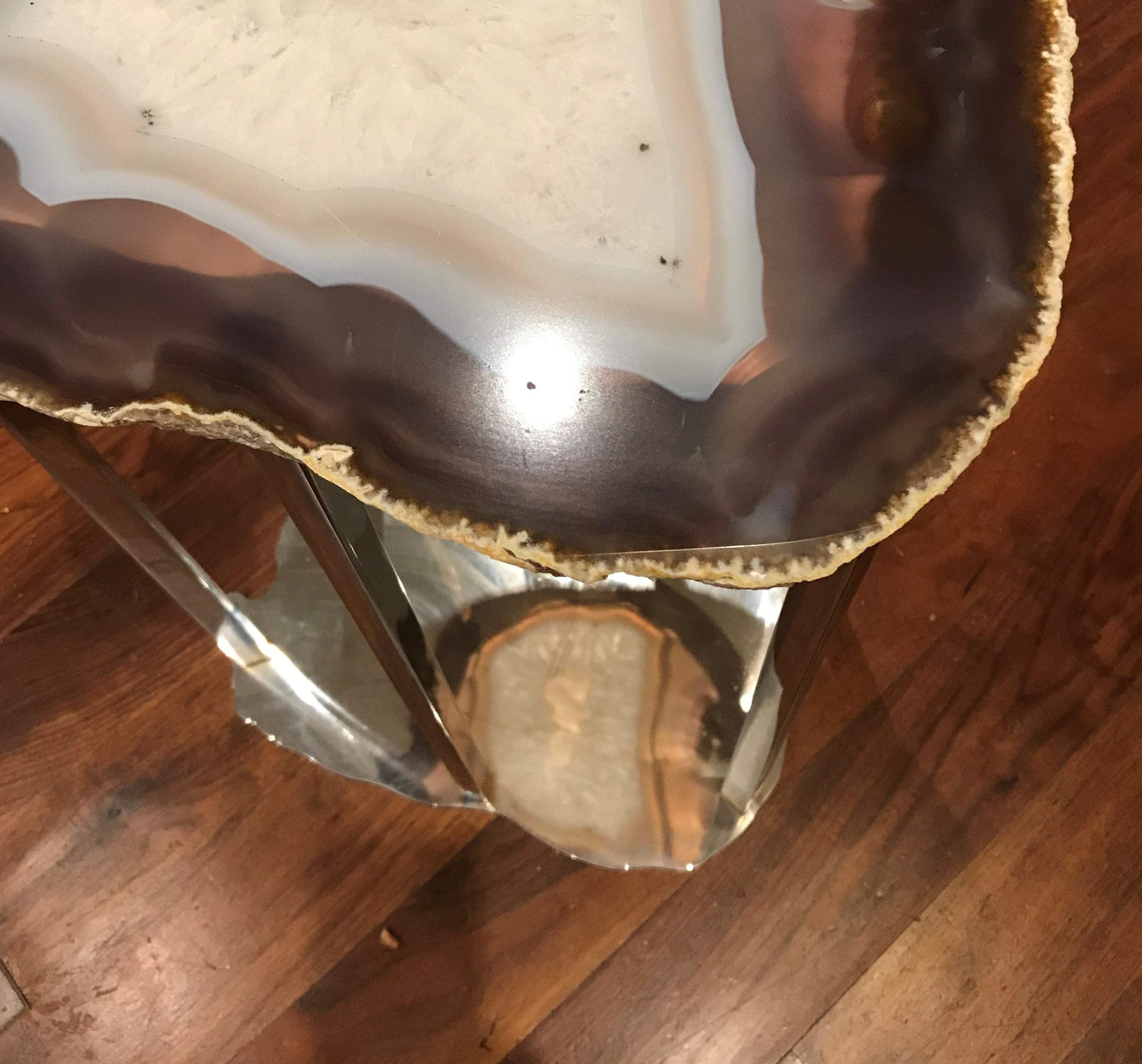 Organic Modern Stainless Steel Side Table with Amethyst Geode Stone Slice