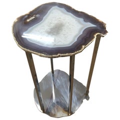 Stainless Steel Side Table with Amethyst Geode Stone Slice
