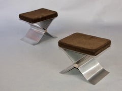 Tabouret "X" en acier inoxydable et en daim par François Monnet pour Kappa, France ca. 1970s