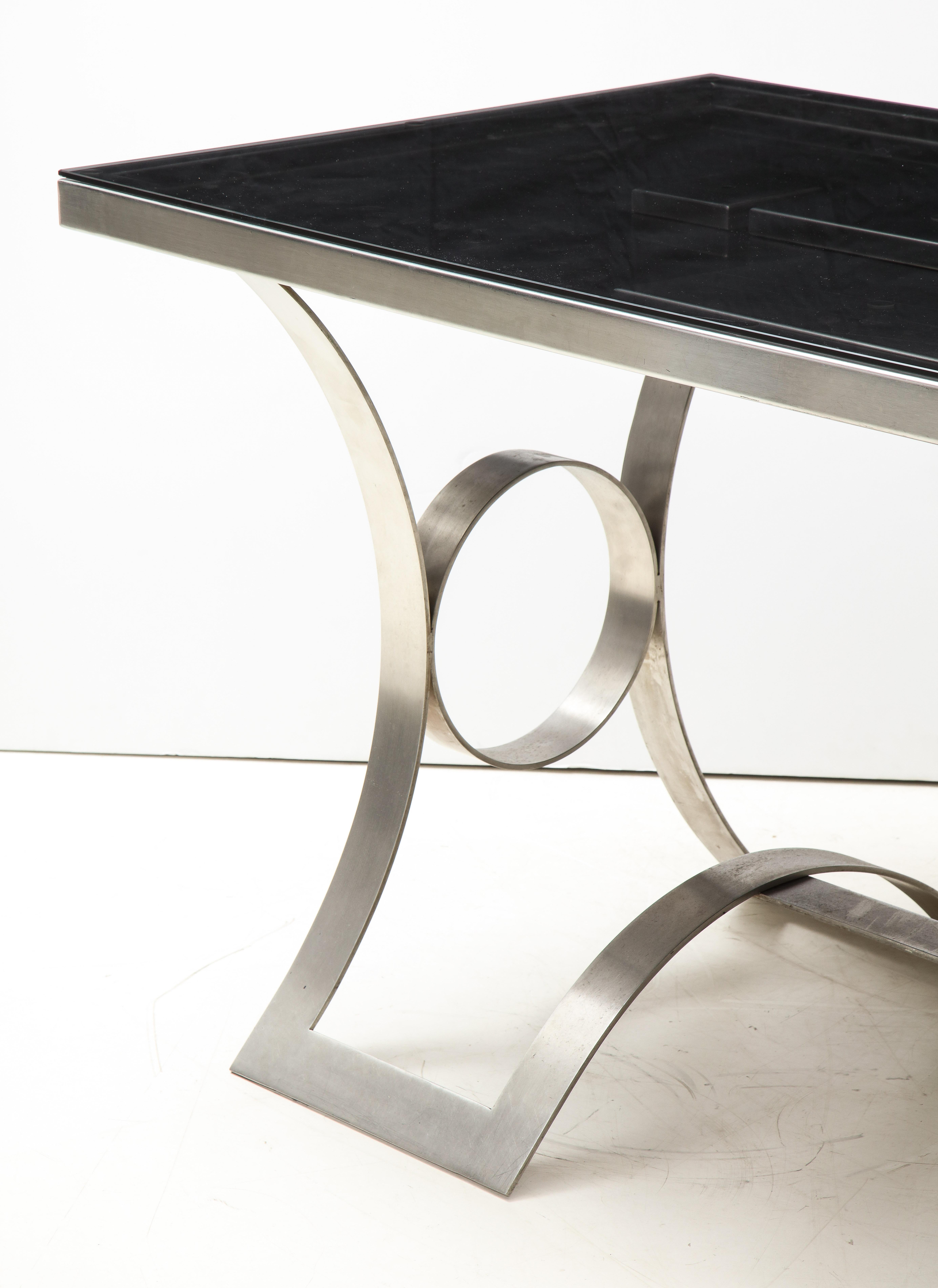 Rare Stainless Steel Desk with Smoked Grey Glass Top, France, c. 1970 For Sale 7