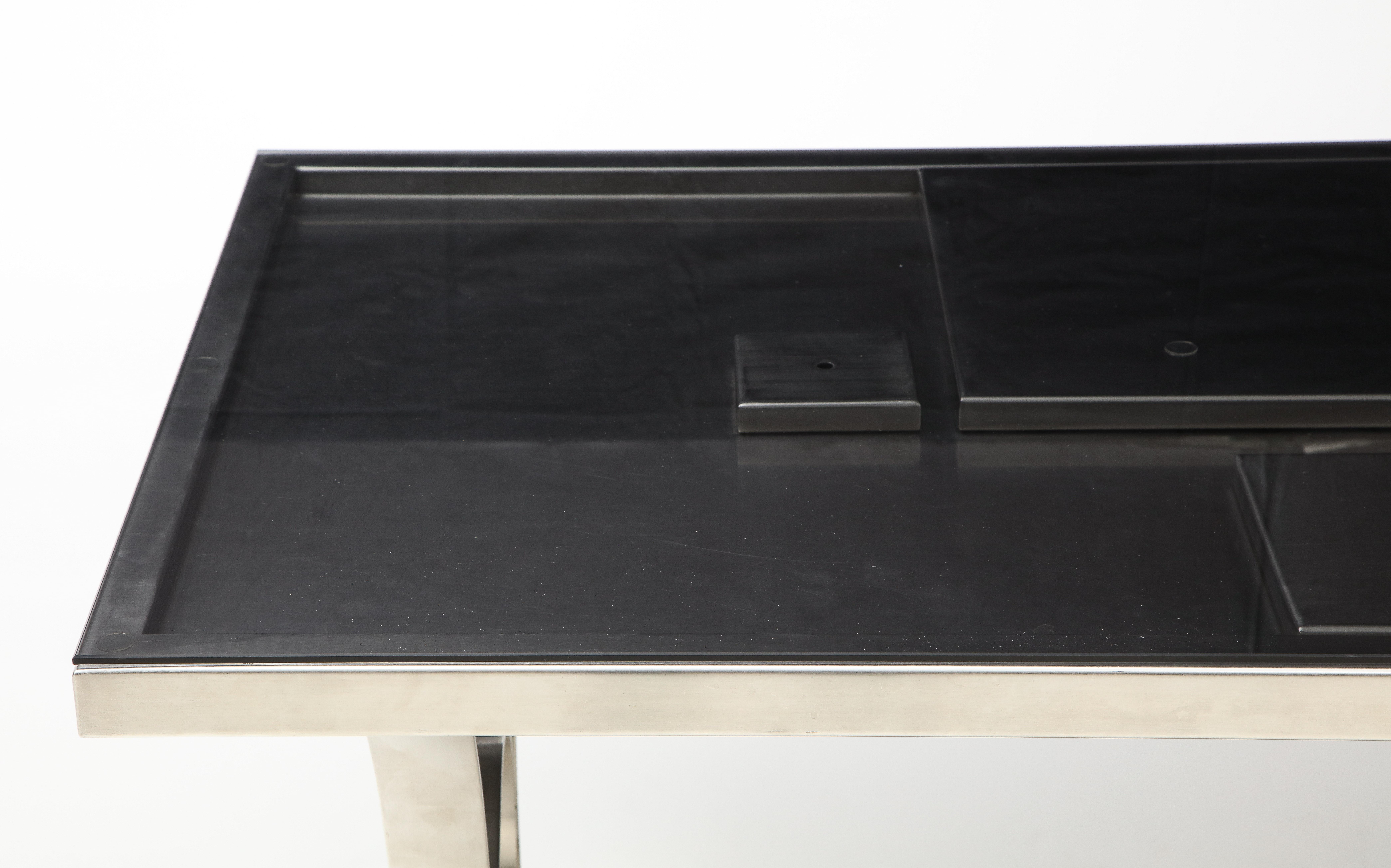 French Rare Stainless Steel Desk with Smoked Grey Glass Top, France, c. 1970 For Sale