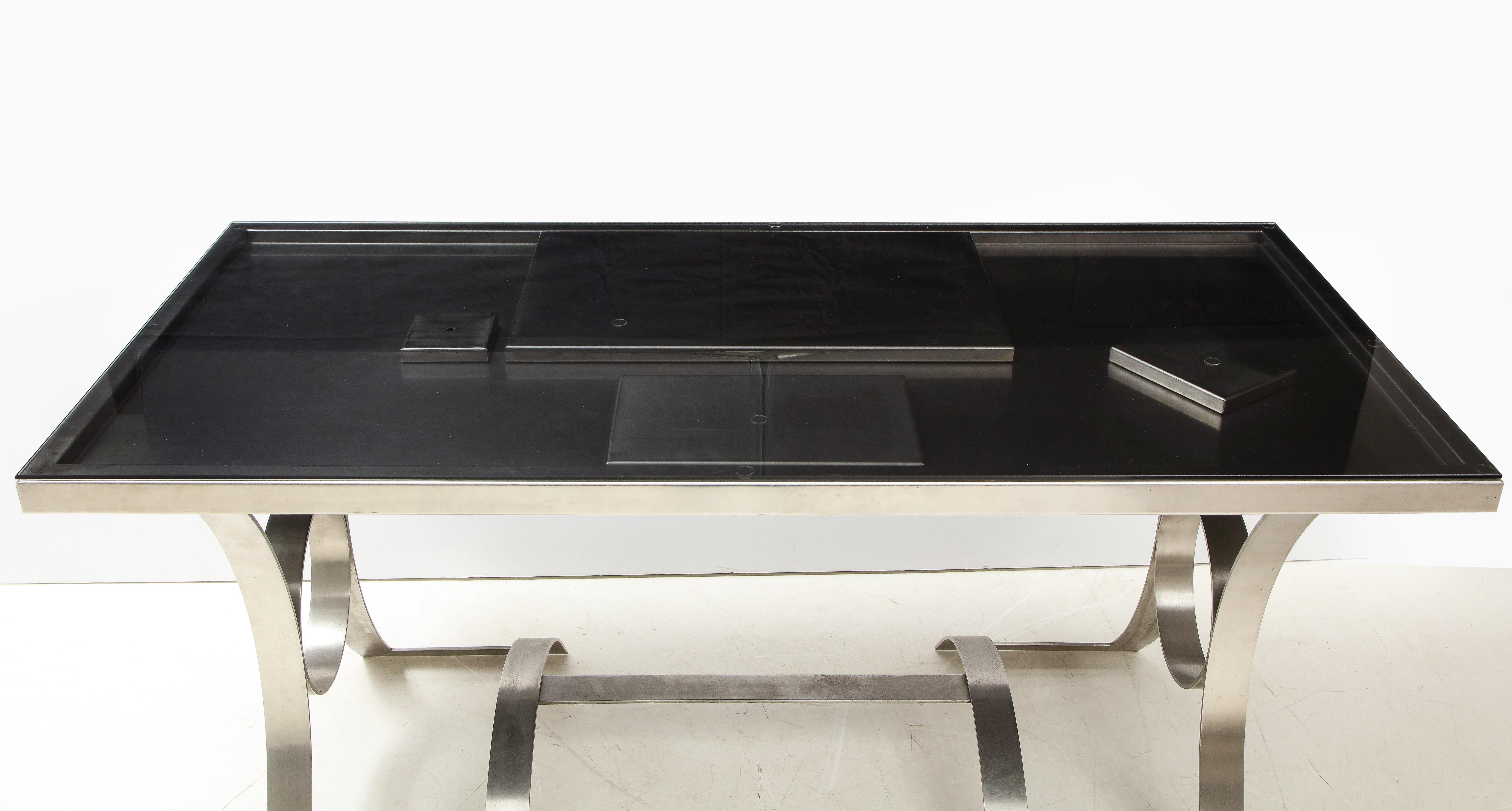 Modern Rare Stainless Steel Desk with Smoked Grey Glass Top, France, c. 1970 For Sale