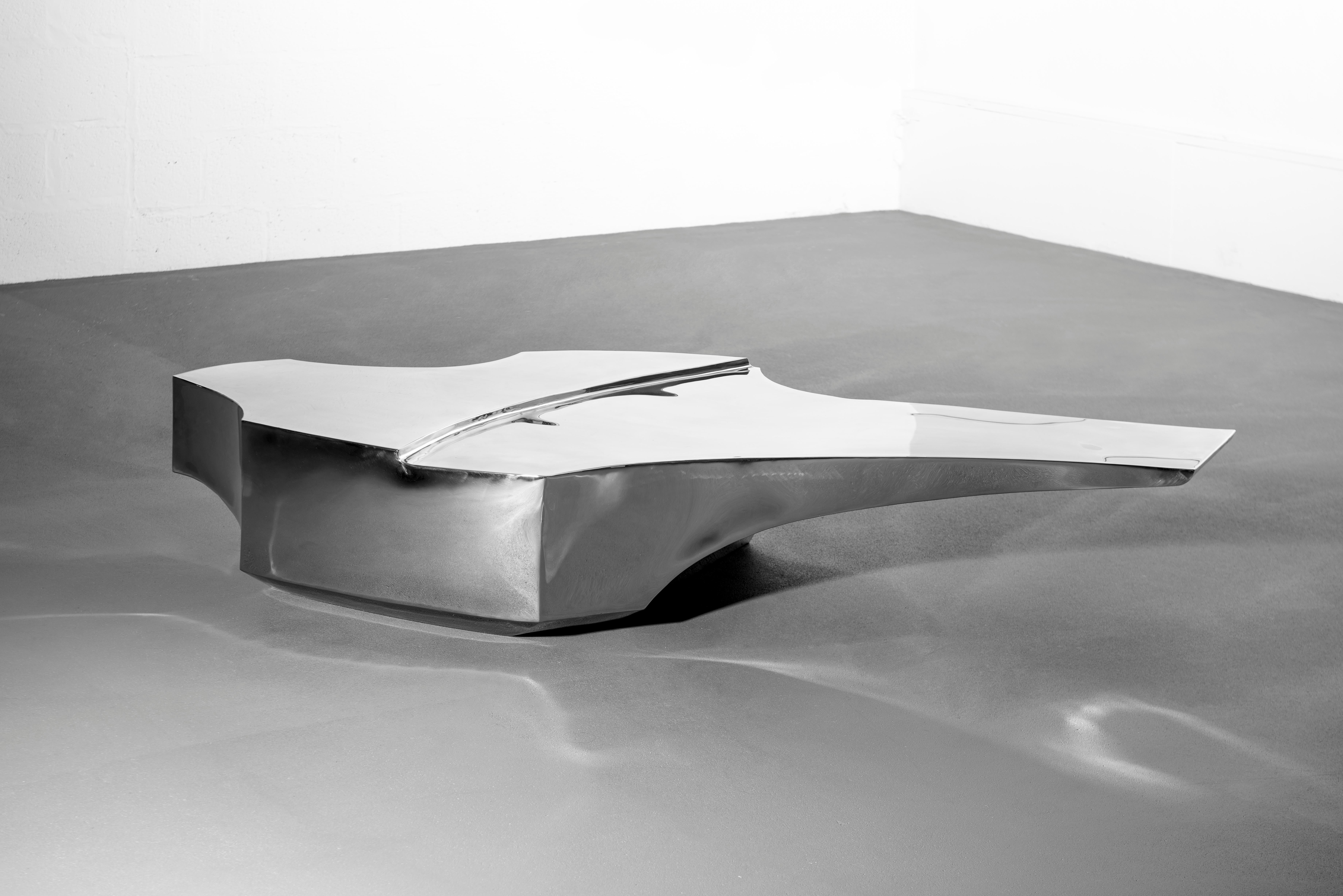 Belgian Stainless Steel Table Improvisation on the Theme of Formula One For Sale