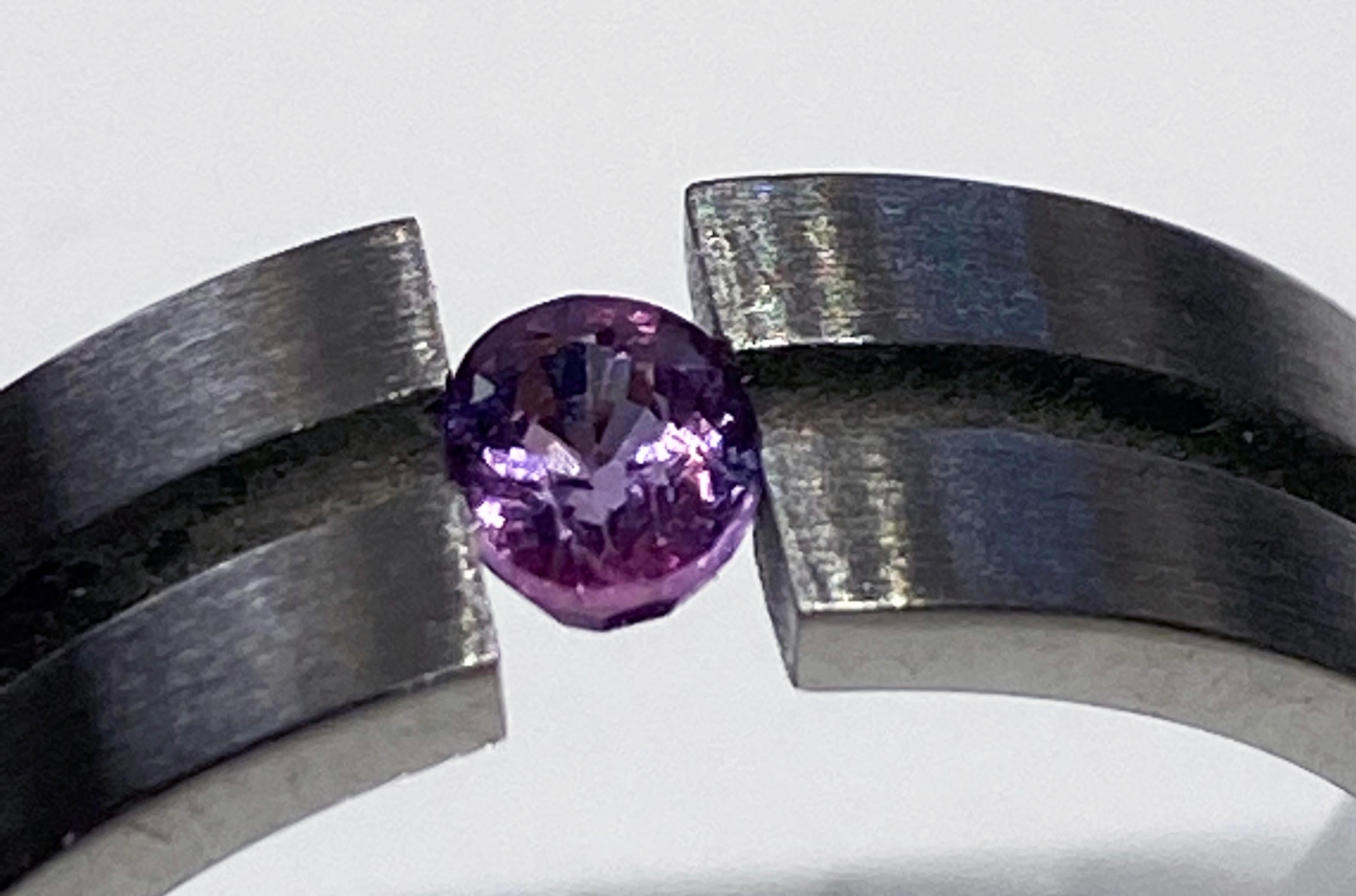 Stainless Steel Tension Ring set with a Purple Sapphire  For Sale 1