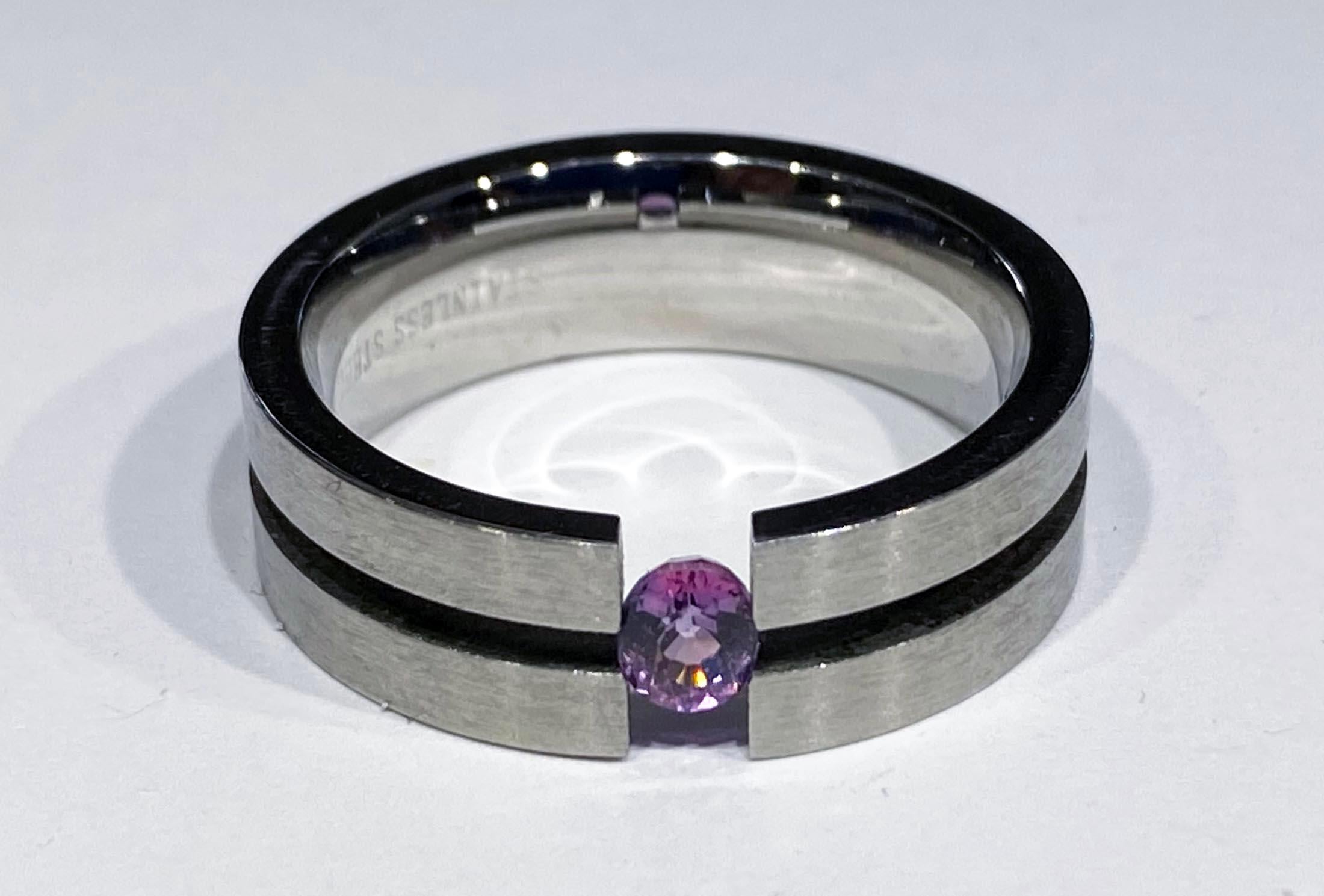 Stainless Steel Tension Ring set with a Purple Sapphire  In New Condition For Sale In Seattle, WA