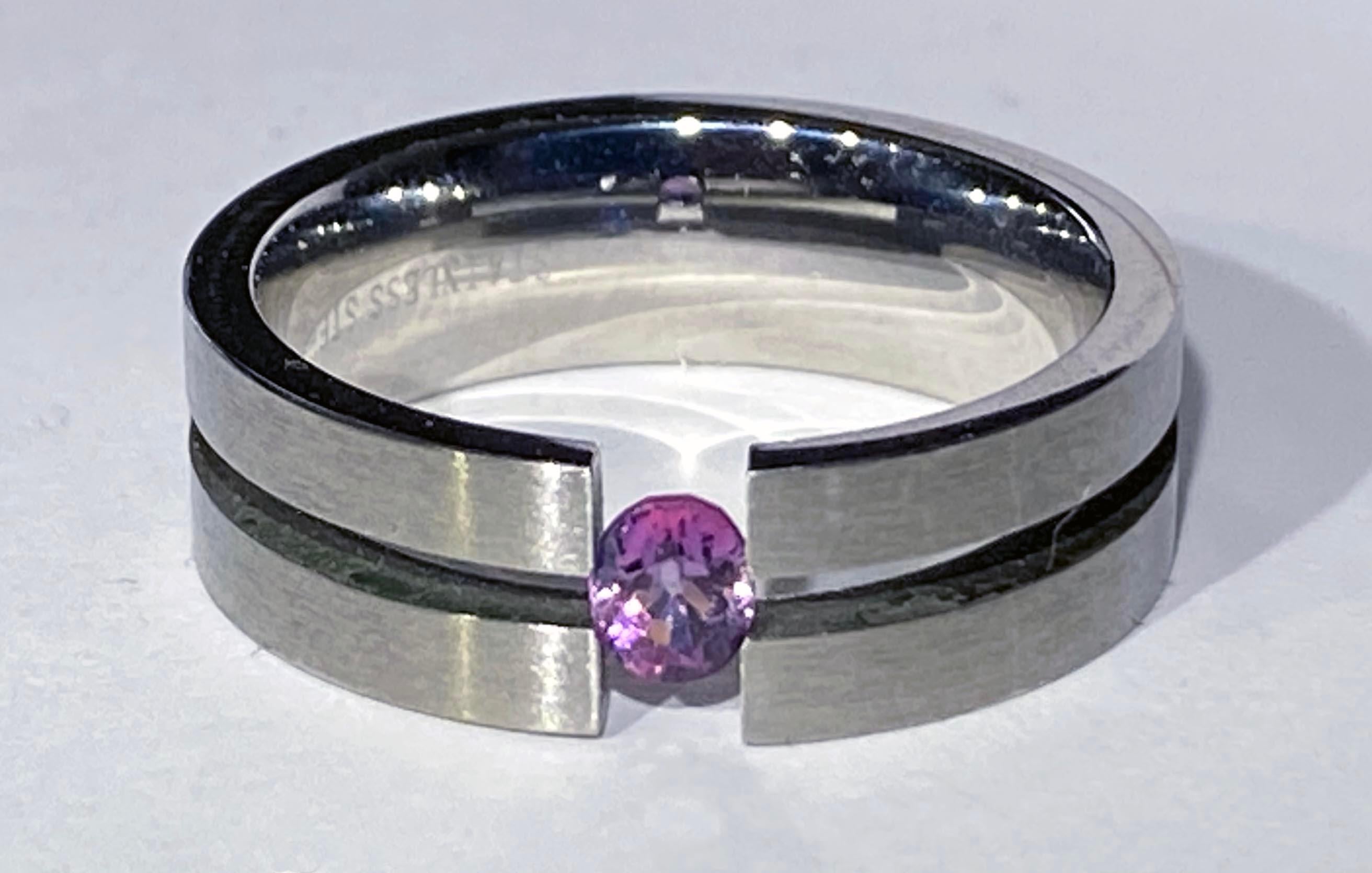 Women's or Men's Stainless Steel Tension Ring set with a Purple Sapphire  For Sale