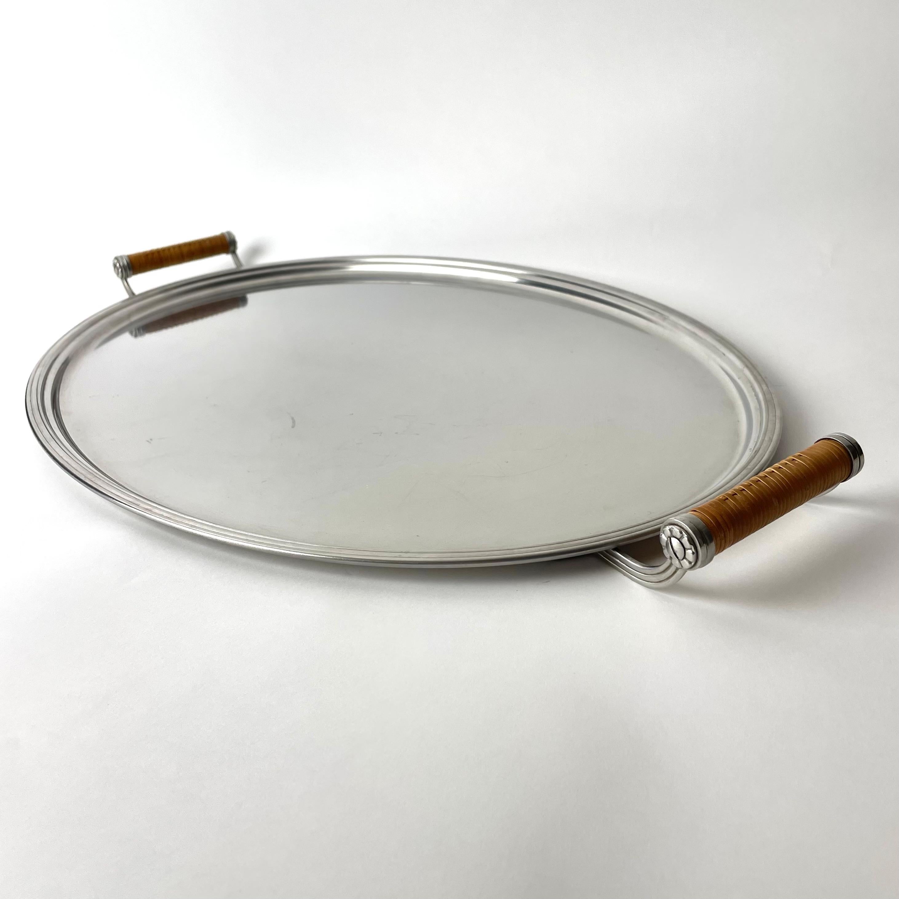 Art Deco Stainless Steel Tray with Rattan-Wrapped Handles, Swedish Grace by pioneer Gense For Sale