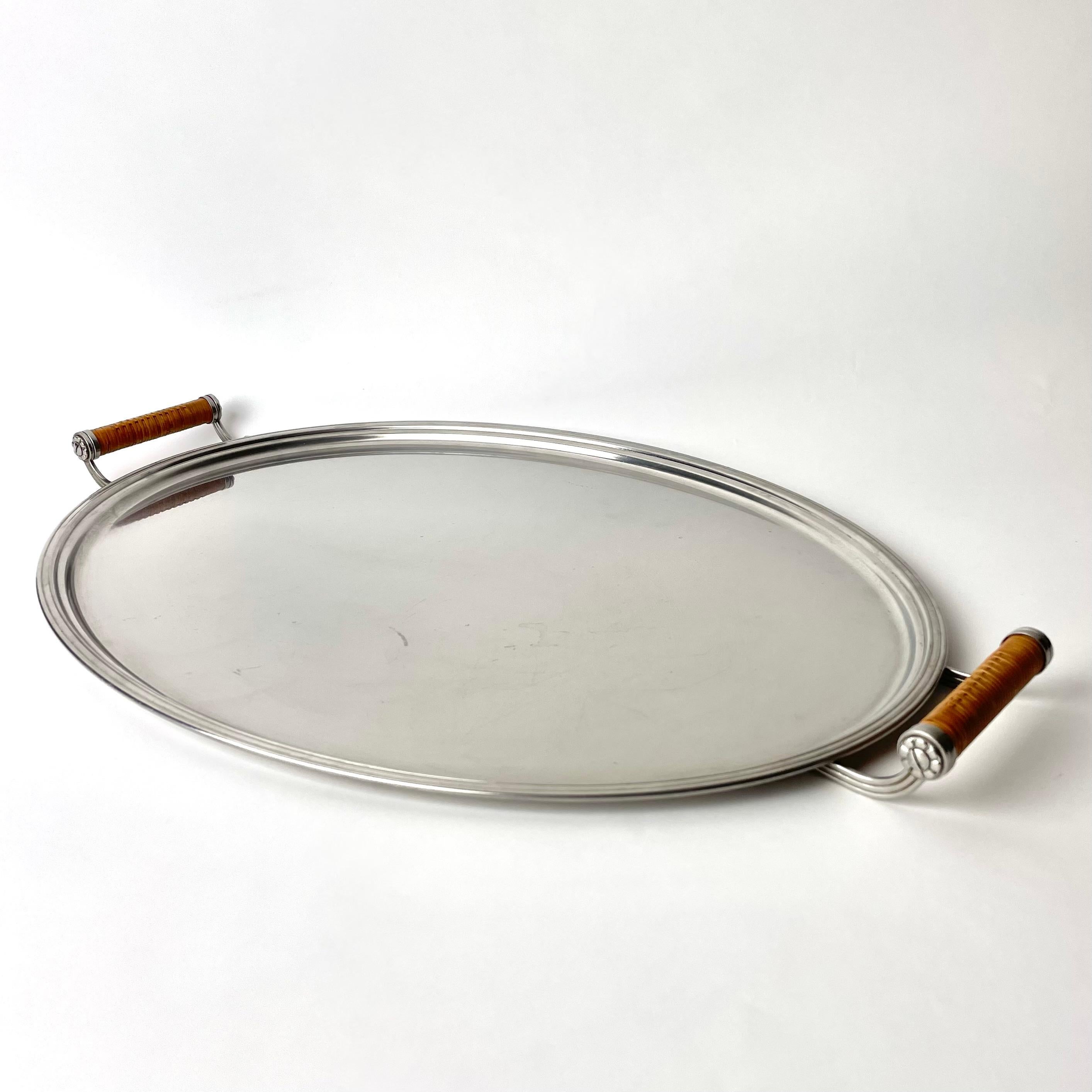 Mid-20th Century Stainless Steel Tray with Rattan-Wrapped Handles, Swedish Grace by pioneer Gense For Sale