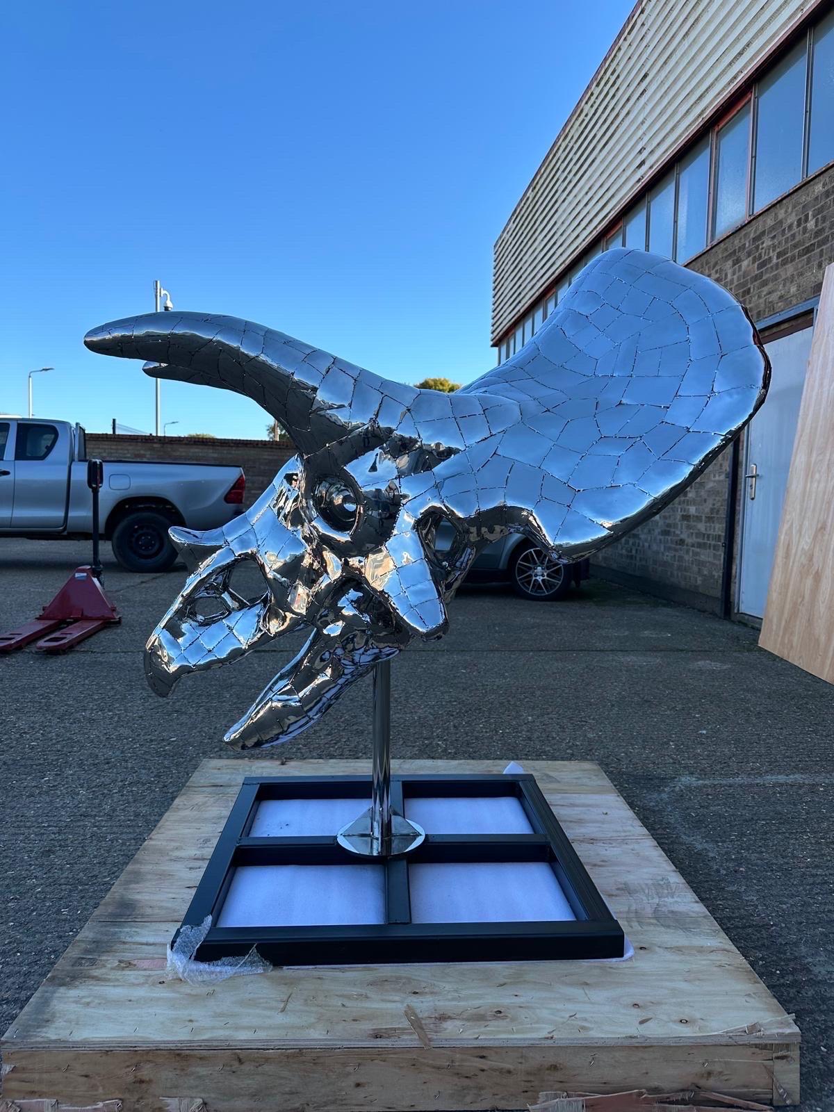 Hand-Carved Stainless Steel Triceratops Sculpture, 21st century