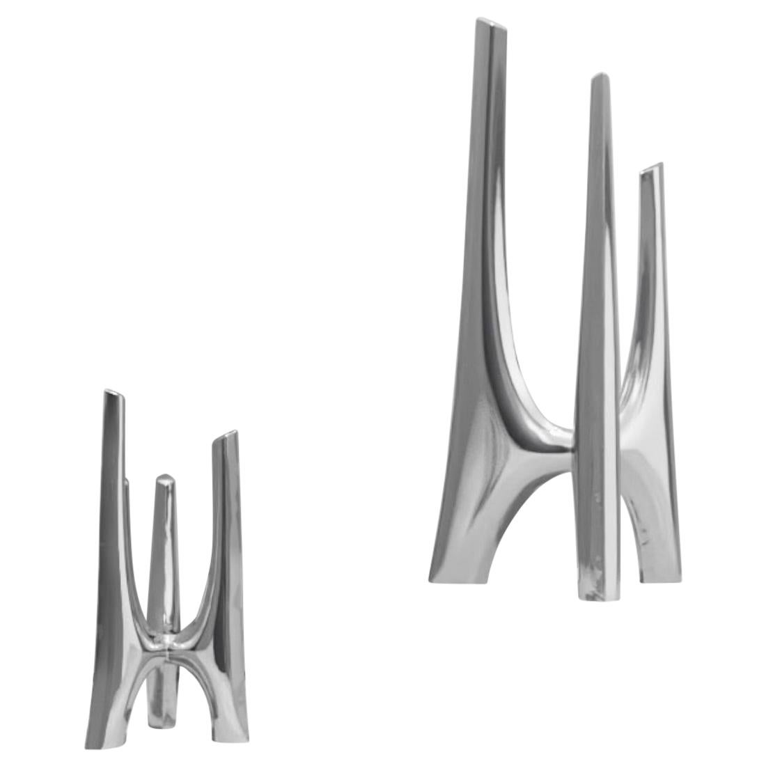 Candélabre en acier inoxydable Triglav 83 avec bougeoir en argent de Zieta