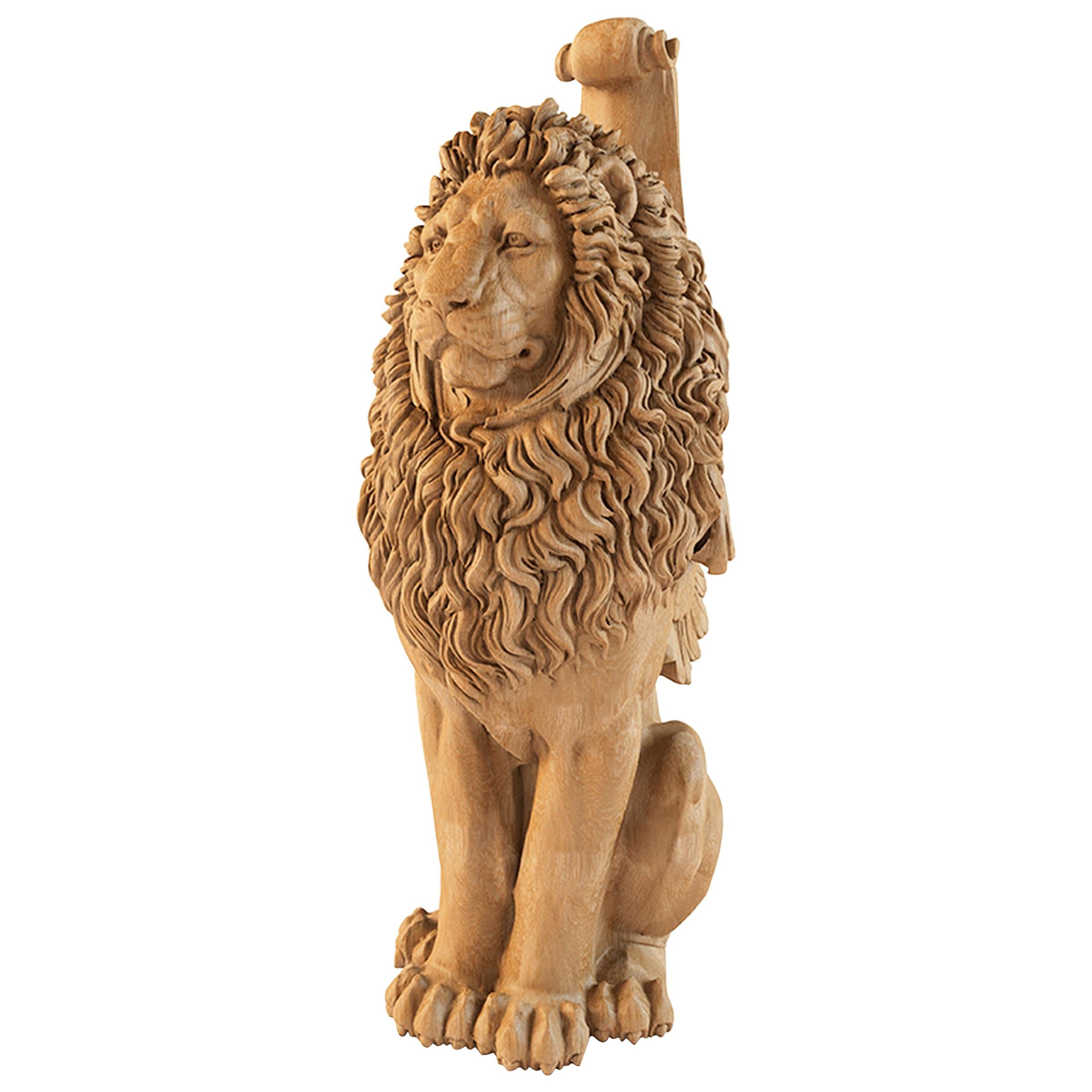 Staircase Column Post "Lion", Wood Carved Newel Post For Sale