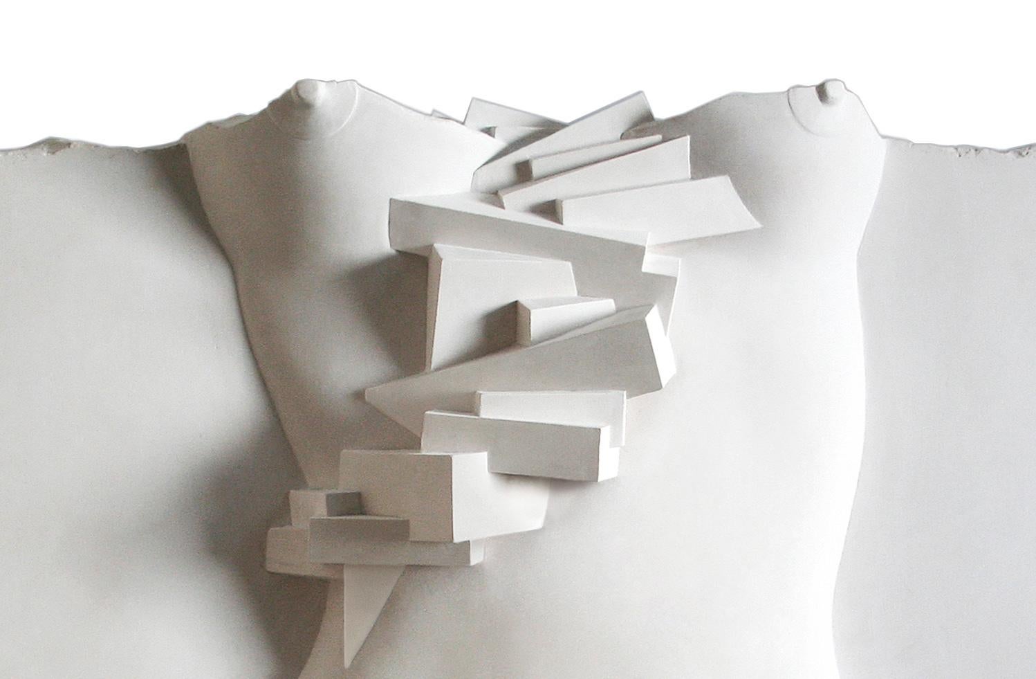 Contemporary white resin sculpture of nude torso and stairs titled 