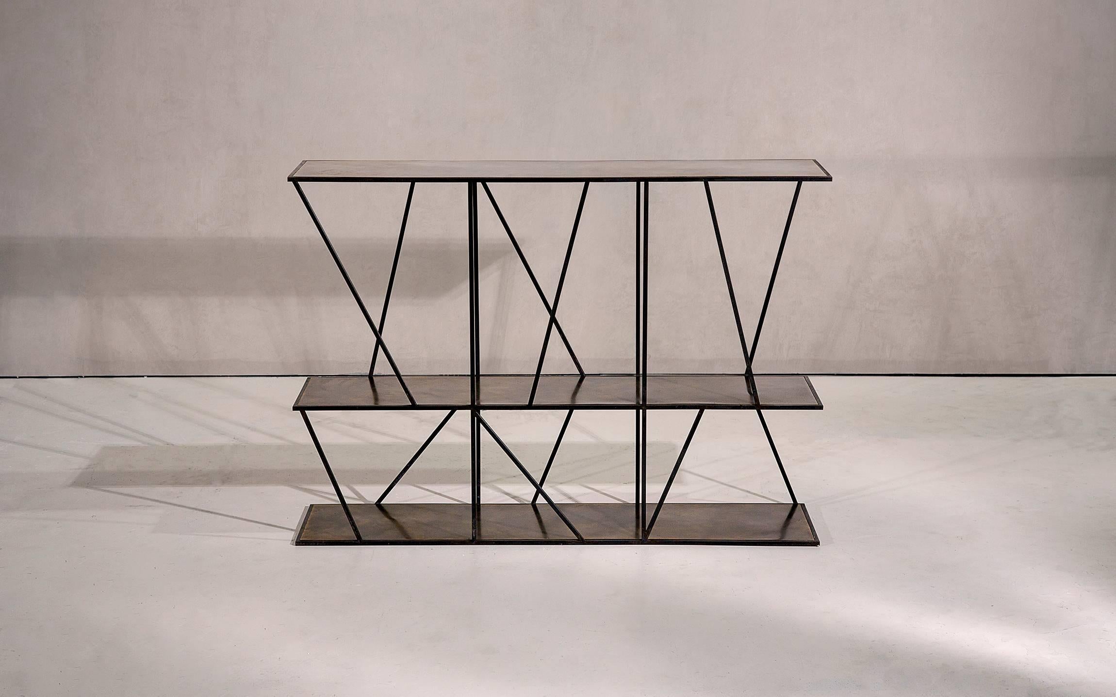 British Staiths Console Table — Large — Blackened Steel Frame — Patinated Brass Top For Sale