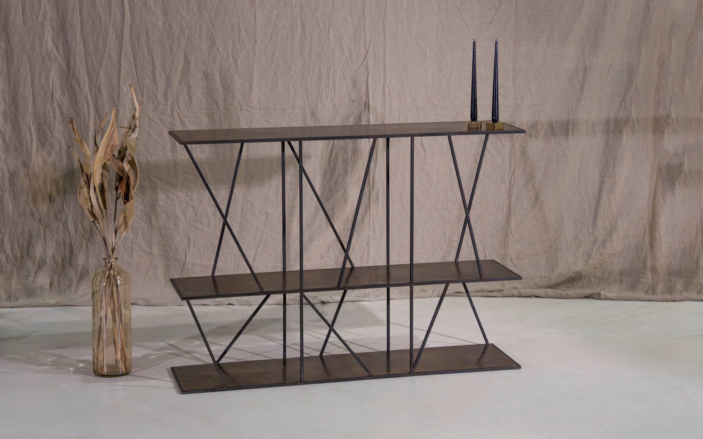 Enameled Staiths Console Table — Large — Blackened Steel Frame — Patinated Brass Top For Sale