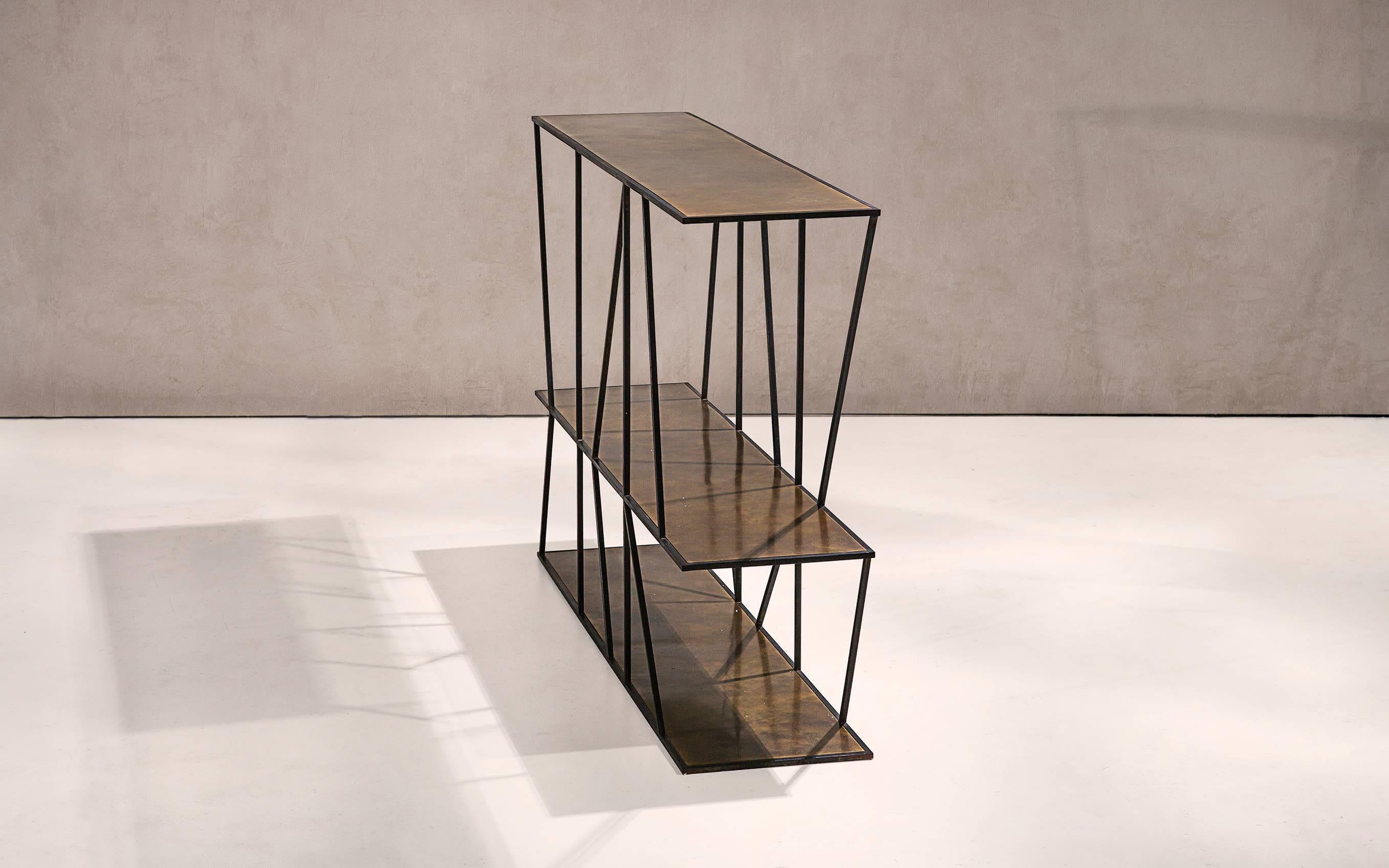 Modern Staiths Console Table — Medium — Blackened Steel Frame — Patinated Brass Top For Sale