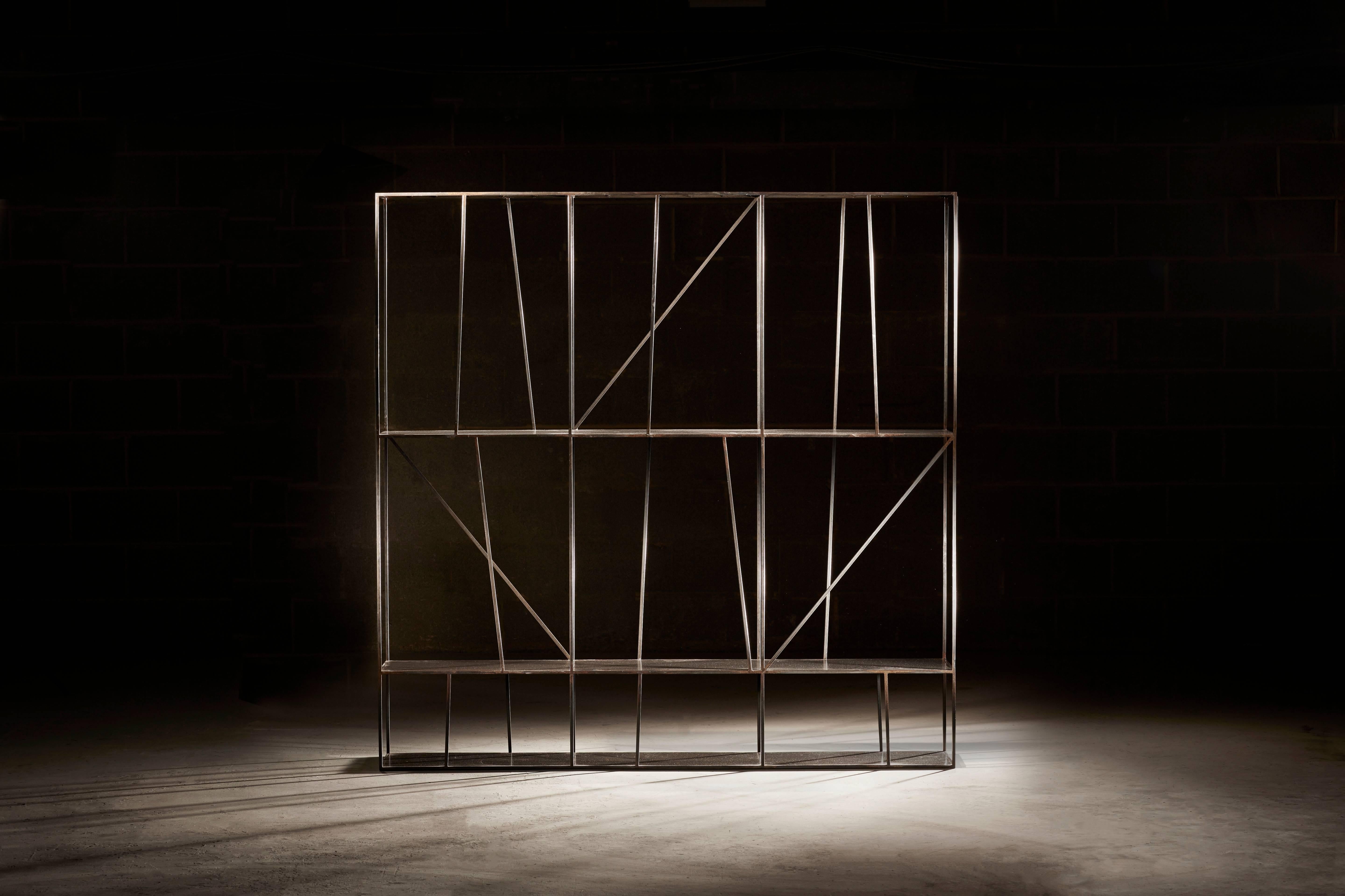 Minimalist Staiths V1 Sculptural Shelving Unit — Steel & Patinated Brass For Sale