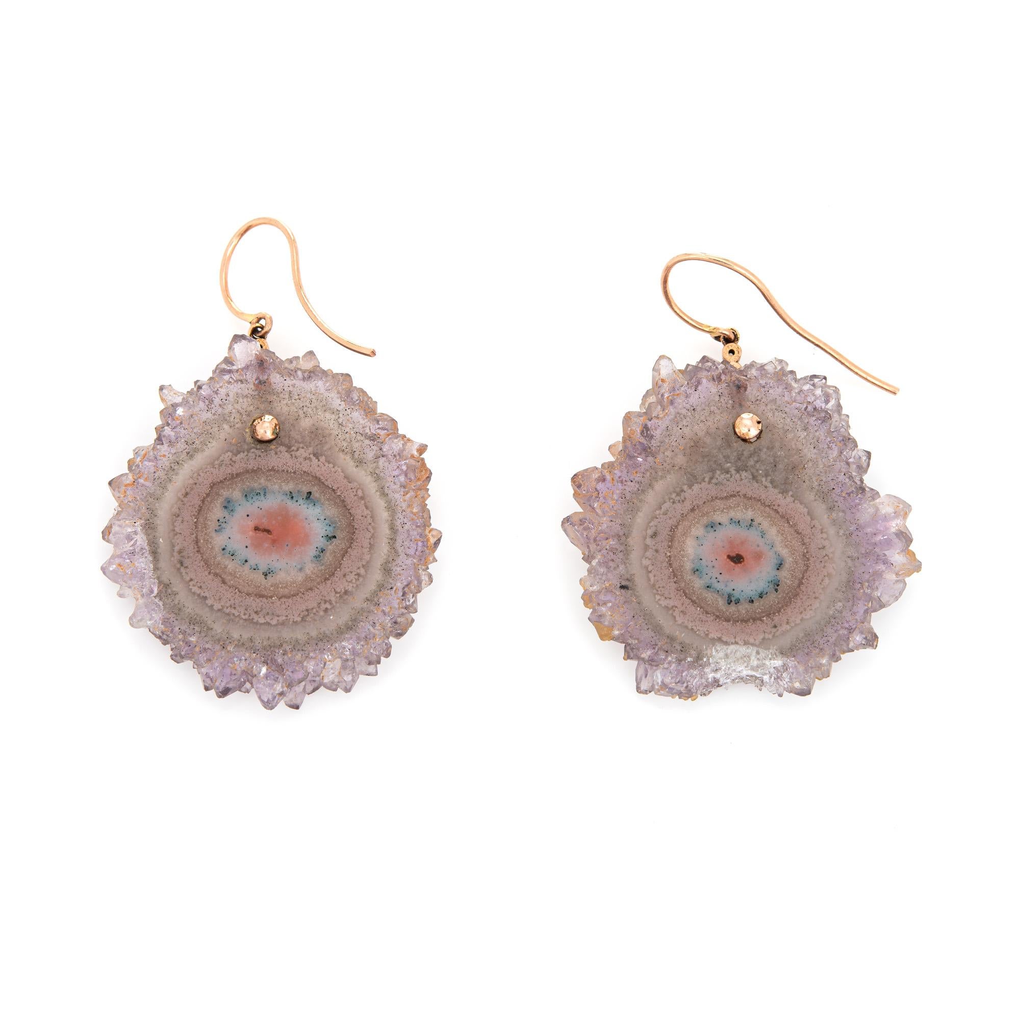 Elegant pair of estate stalactite & diamond drop earrings crafted in 14k rose gold. 

12 diamonds total an estimated 0.06 carats (estimated at I color and SI2-I1 clarity). The stalactite measures 1 x 1/4 inches each. Note: chip to the base of one