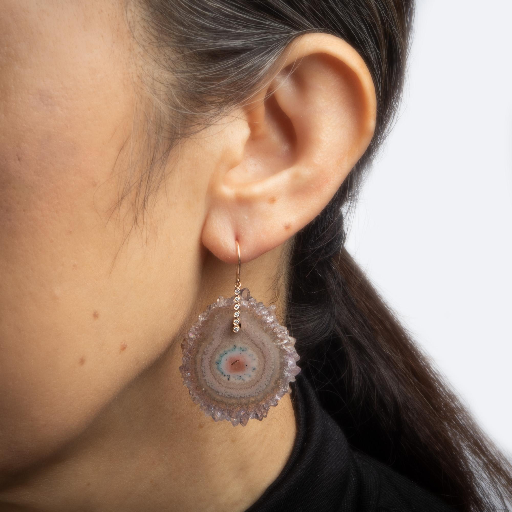 Modern Stalactite Slice Diamond Earrings Estate 14k Rose Gold Drops Fine Jewelry