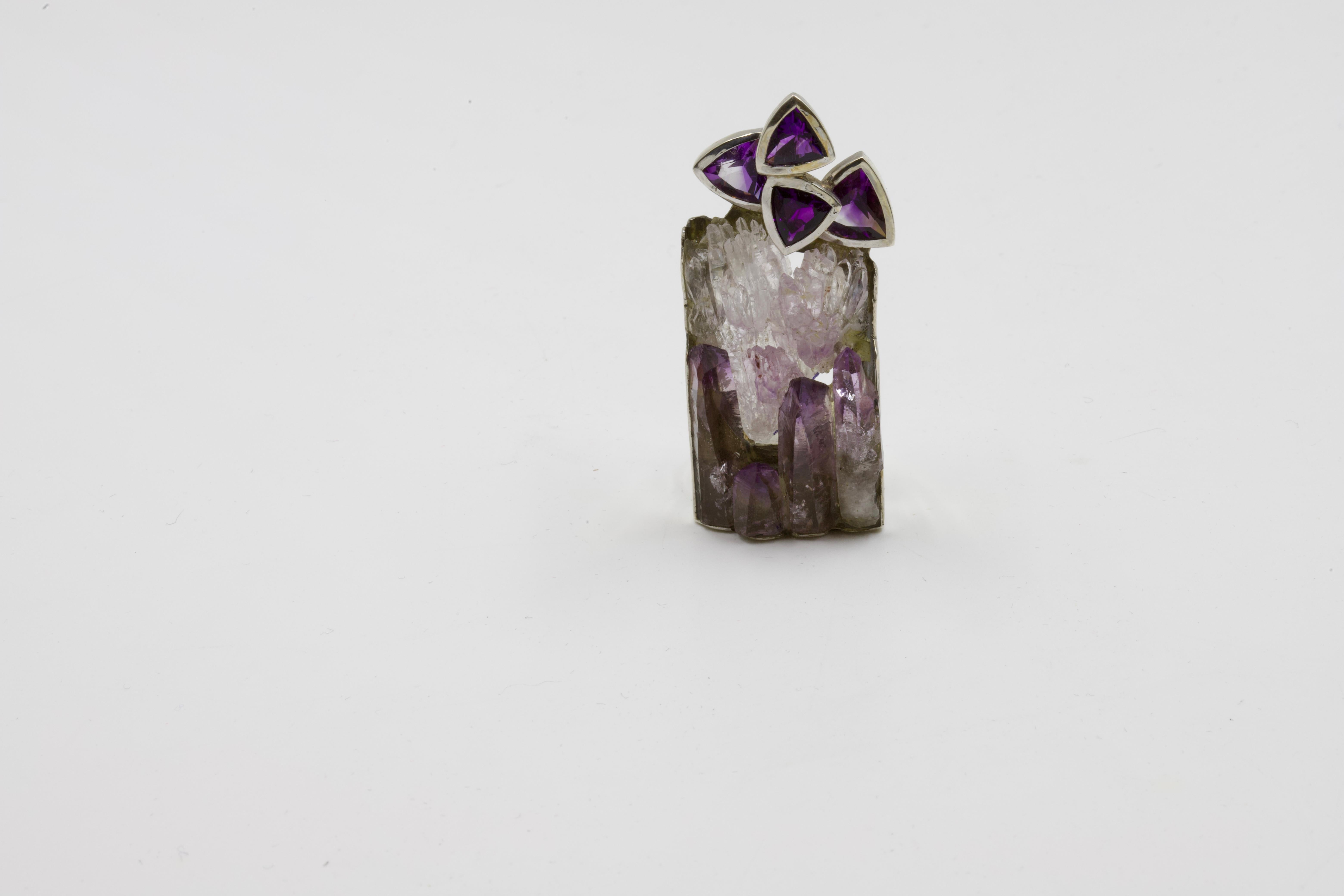 Jean Vendome Stalagmites Ring, silver frame, amethyst stalagmites, rock crystal sky, and amethysts in closed setting, unique piece, 2008, certificate
                                                                                                   