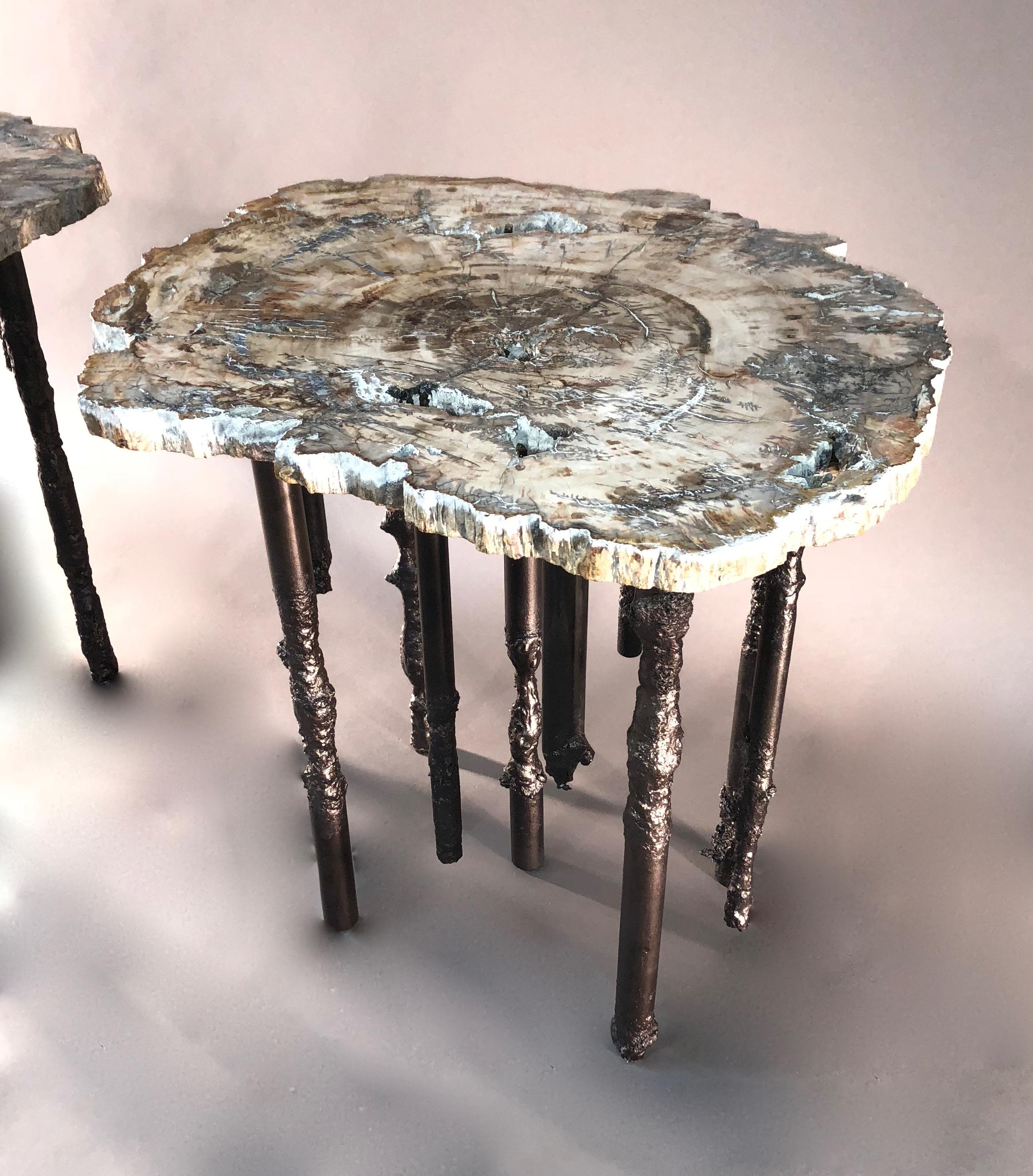 Organic Modern Sculptural Petrified Wood / Steel One Of A Kind Hand Made Brutalist Accent Table For Sale