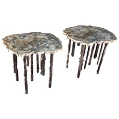 Sculptural Petrified Wood / Steel One Of A Kind Hand Made Brutalist Accent Table