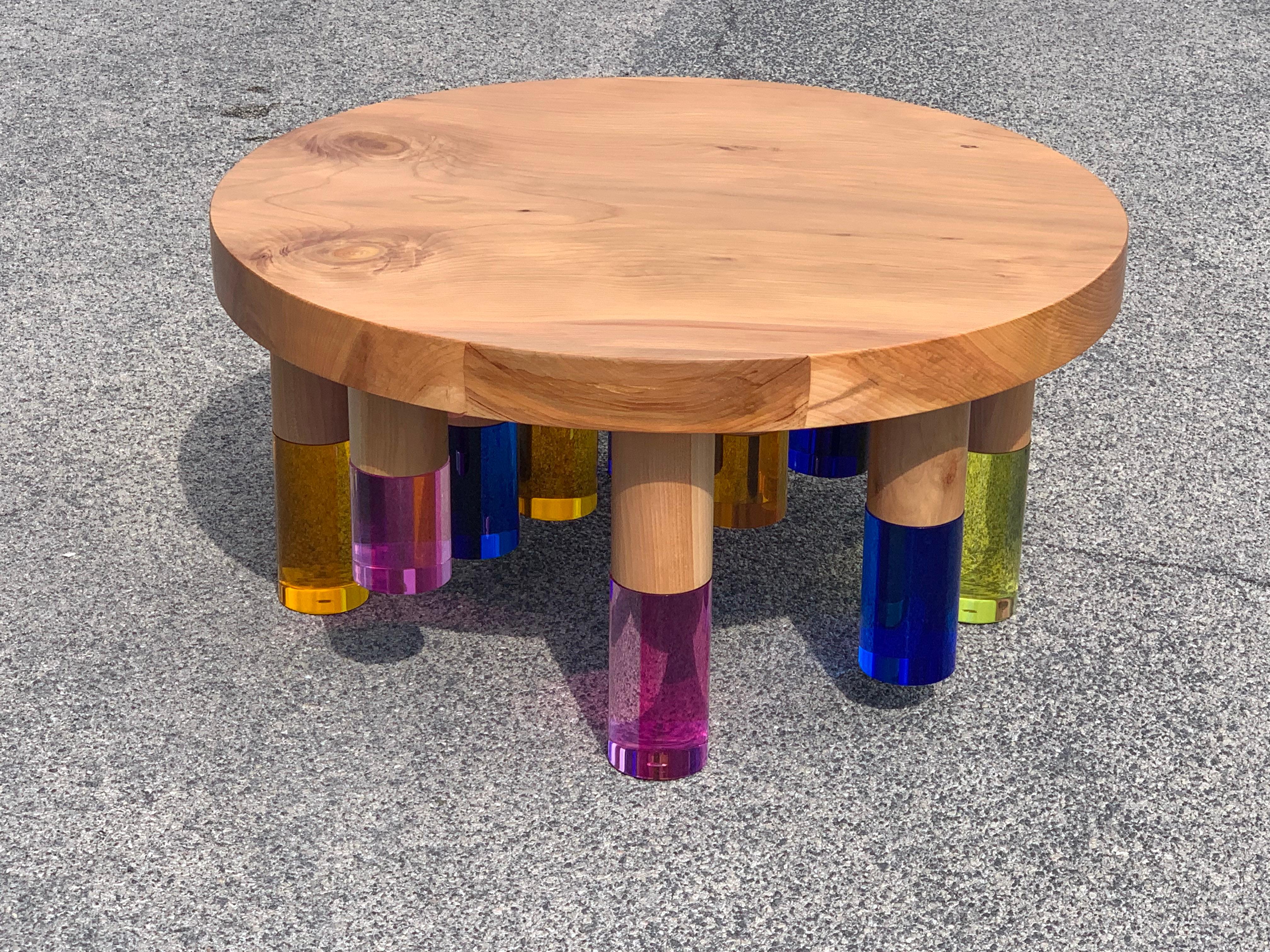 Stalattite model coffee table, round top in cedar of Lebanon and 16 legs composed of stems of unequal height in colored plexiglas and cedar wood, designed by Studio Superego for Superego Editions.

Biography:
Superego editions was born in 2006,