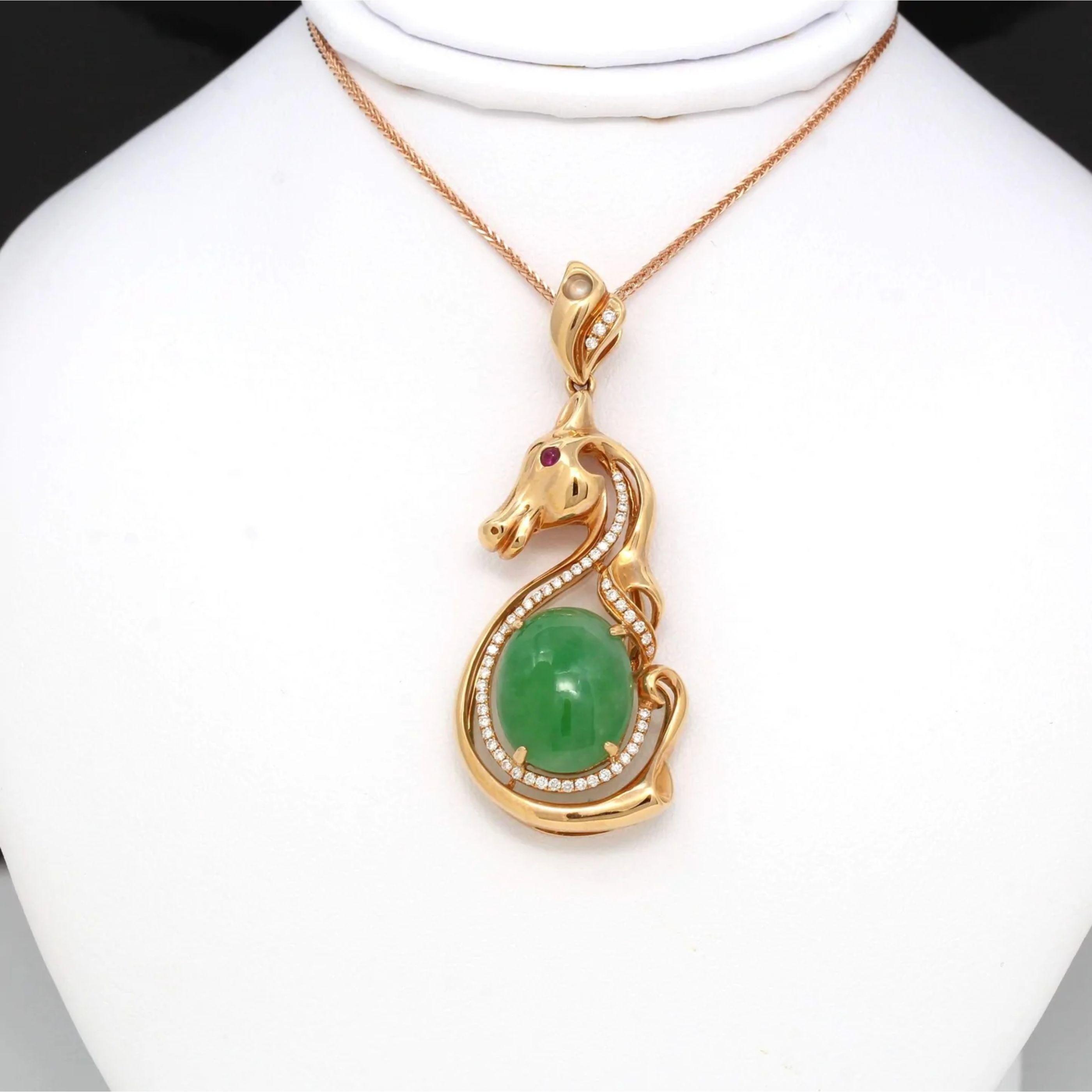 Design concept--- 18k Rose Gold & Genuine Burmese Imperial Jadeite Pendant Necklace With AA Tourmaline and SI Diamonds. This pendant made with high-quality genuine imperial jadeite. And it's translucent with a watery texture. The imperial jadeite