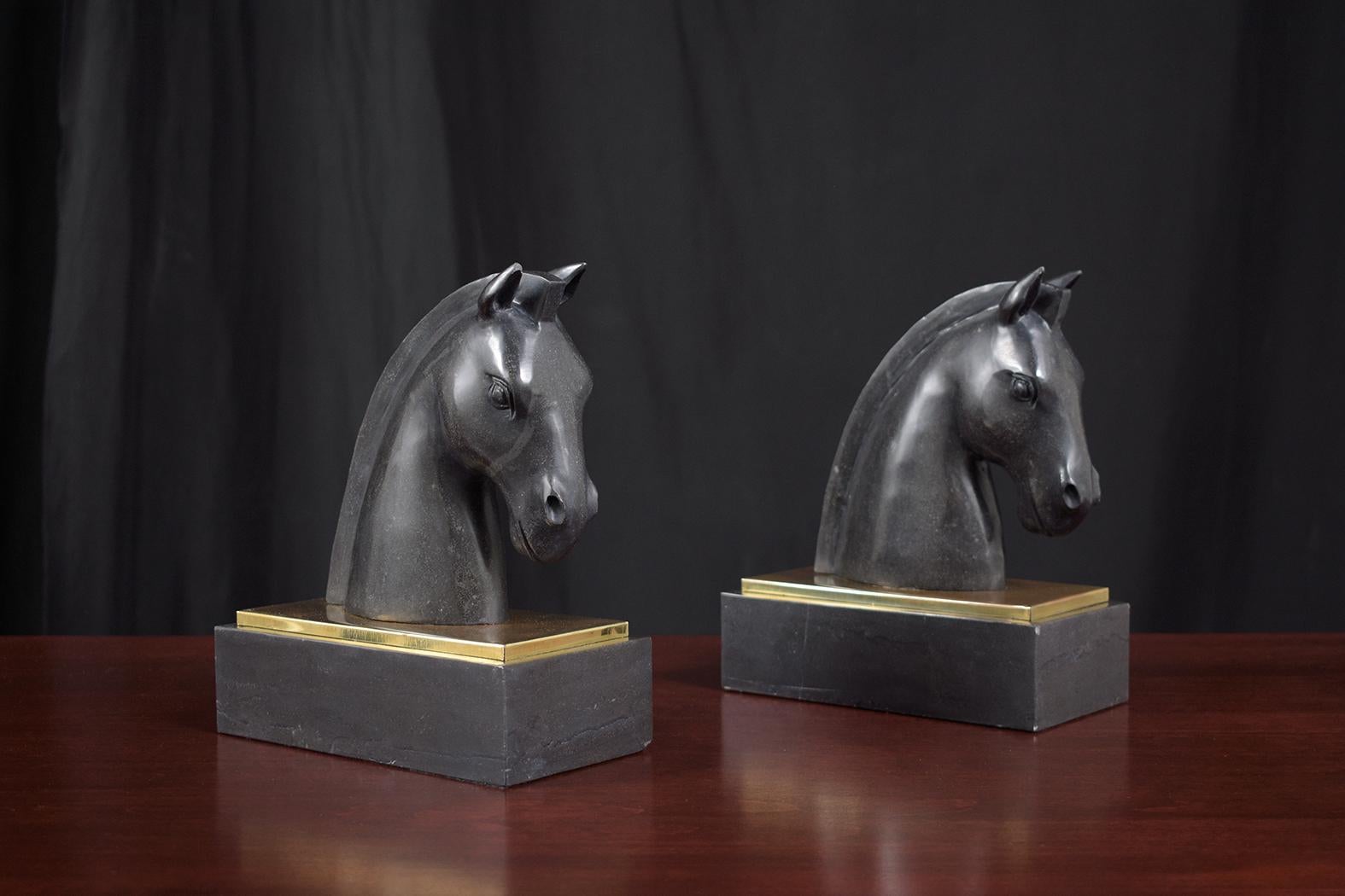 Hollywood Regency Unique Vintage 1950s Black Marble Horse Head Bookends with Brass Plate For Sale