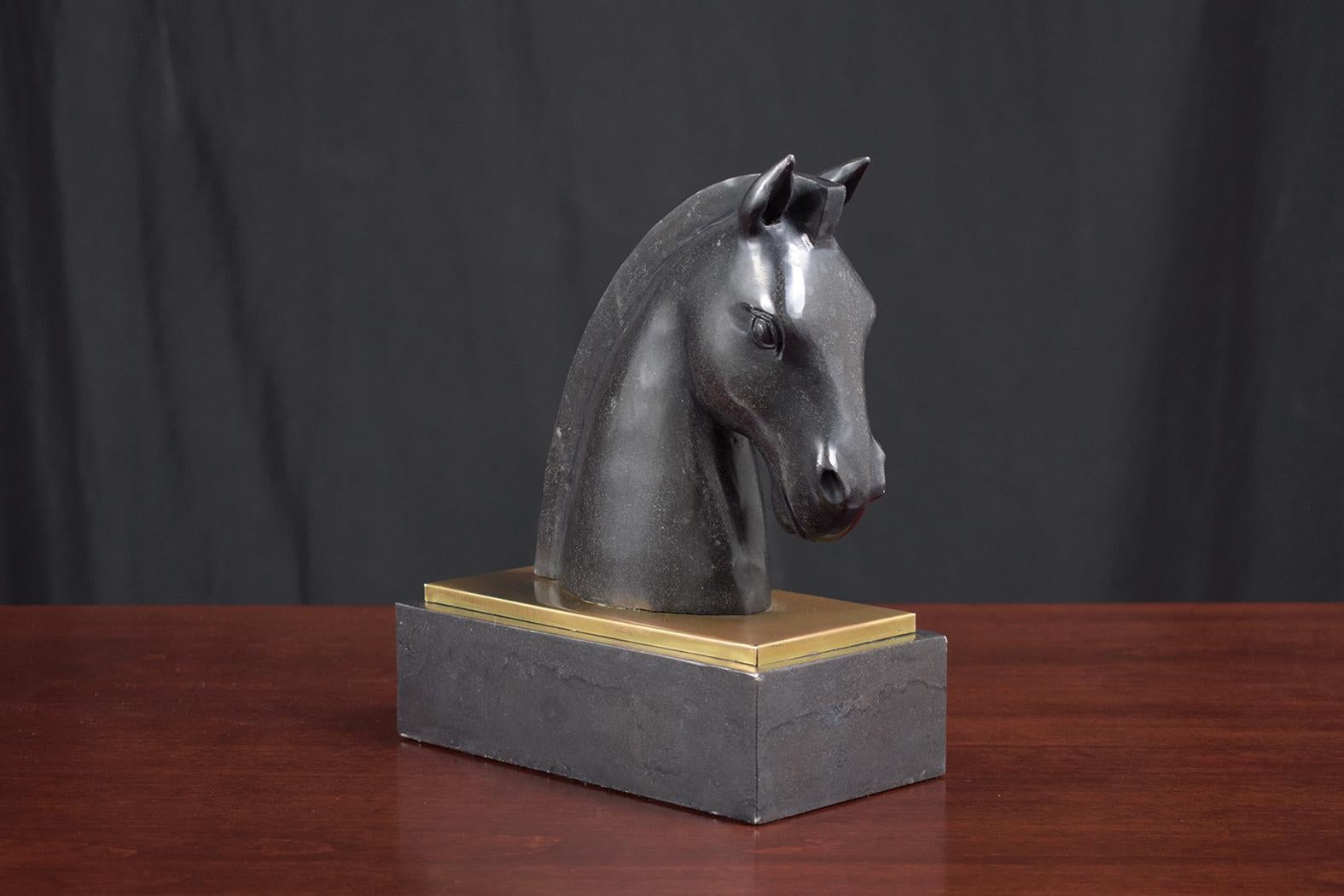 American Unique Vintage 1950s Black Marble Horse Head Bookends with Brass Plate For Sale