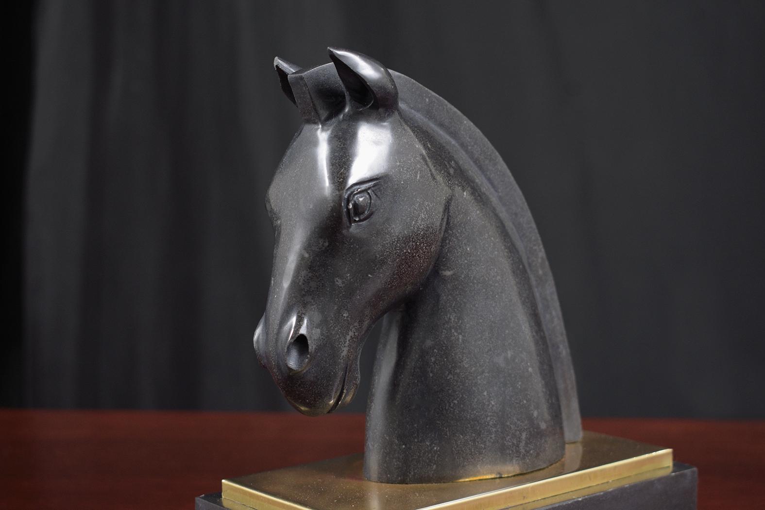 Patinated Unique Vintage 1950s Black Marble Horse Head Bookends with Brass Plate For Sale