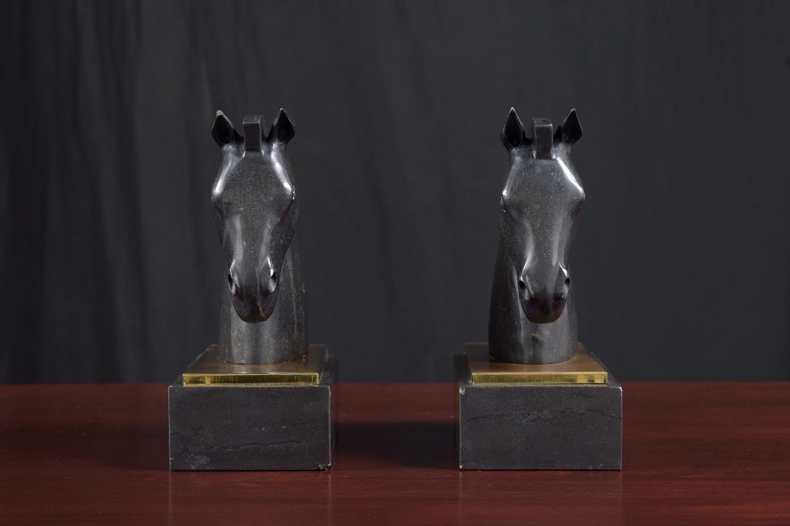 Unique Vintage 1950s Black Marble Horse Head Bookends with Brass Plate In Good Condition For Sale In Los Angeles, CA