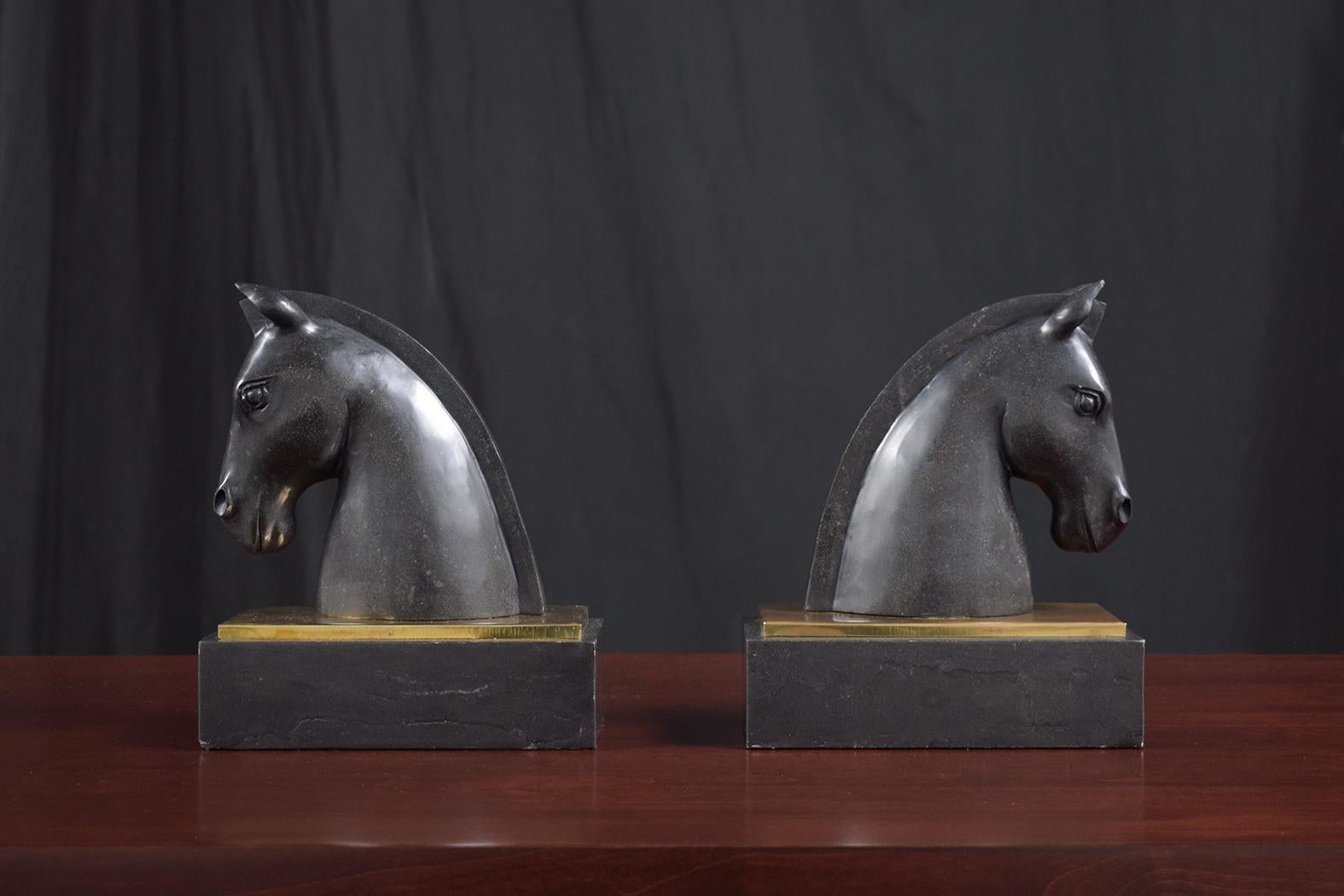 Mid-20th Century Unique Vintage 1950s Black Marble Horse Head Bookends with Brass Plate For Sale