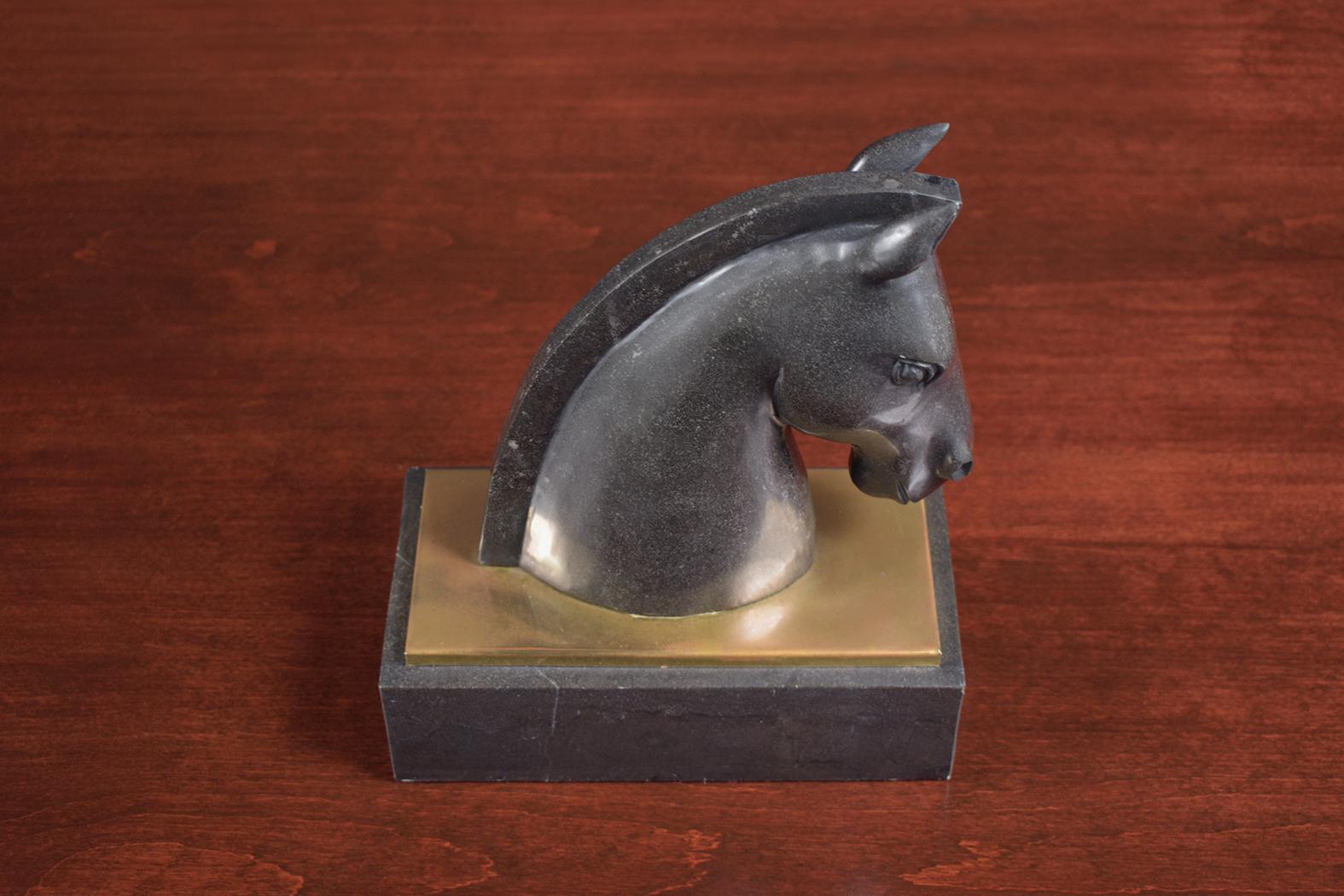 Unique Vintage 1950s Black Marble Horse Head Bookends with Brass Plate For Sale 1