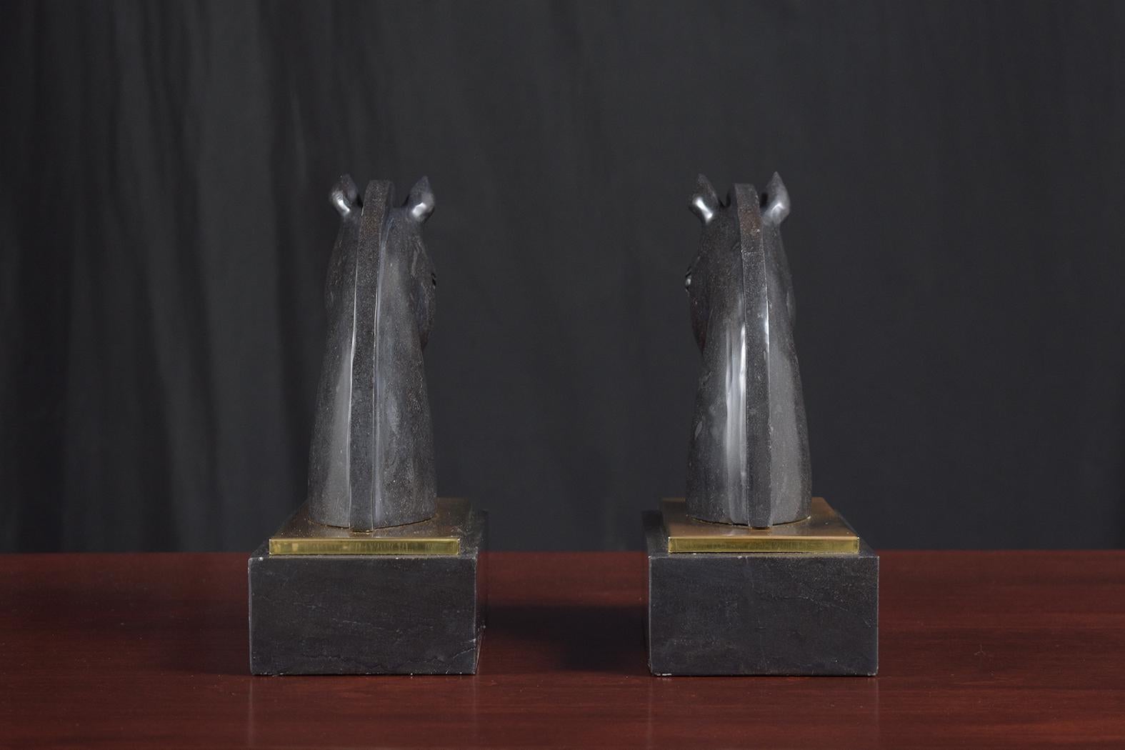 Unique Vintage 1950s Black Marble Horse Head Bookends with Brass Plate For Sale 2