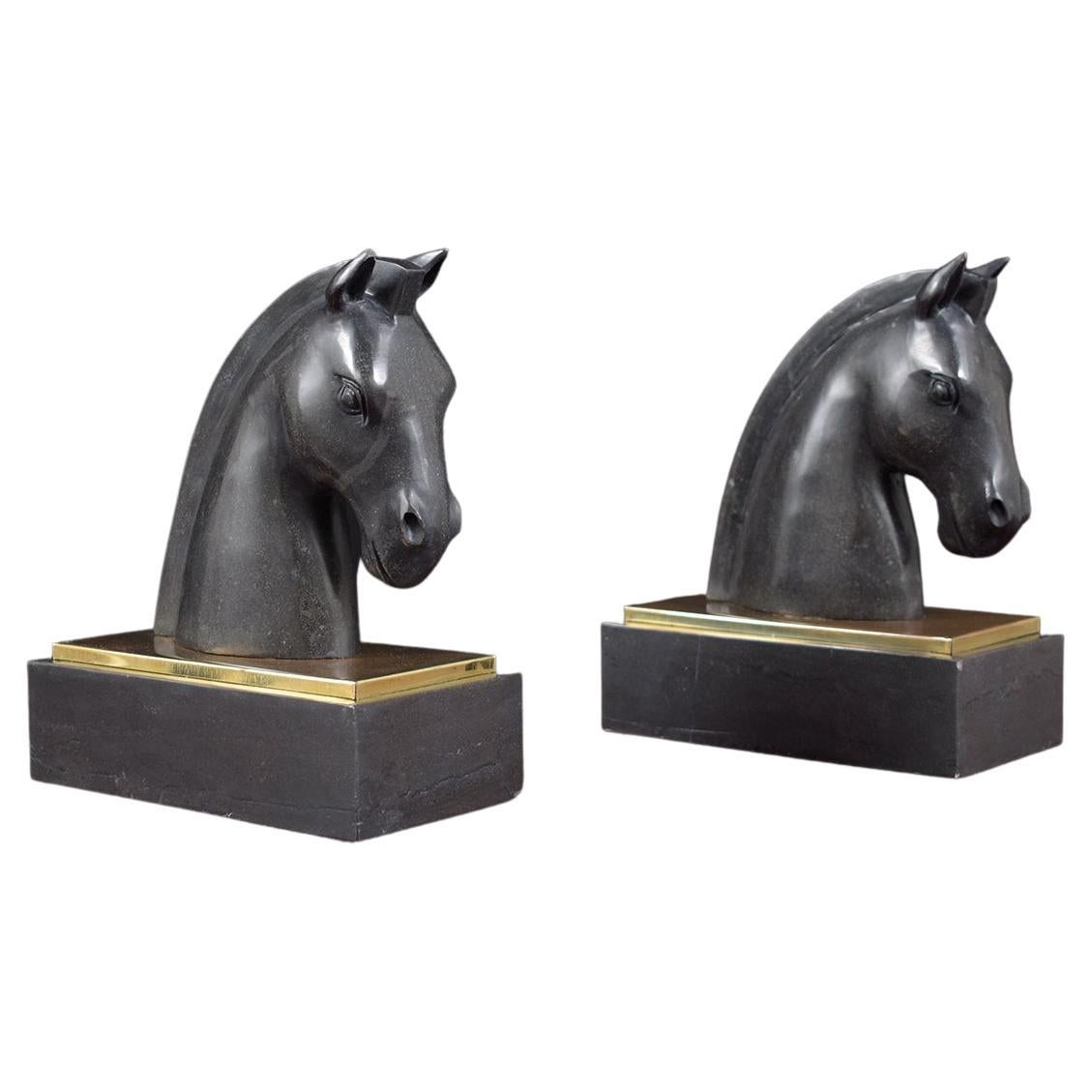Unique Vintage 1950s Black Marble Horse Head Bookends with Brass Plate
