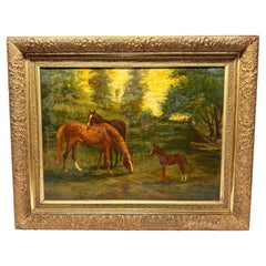 Stallion, Mare & Foal American School Equestrian Landscape Oil - 19th Century