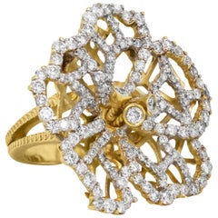 Stambolian 18 Karat Gold and Diamond Floral Motif Hibiscus Flower Cocktail Ring