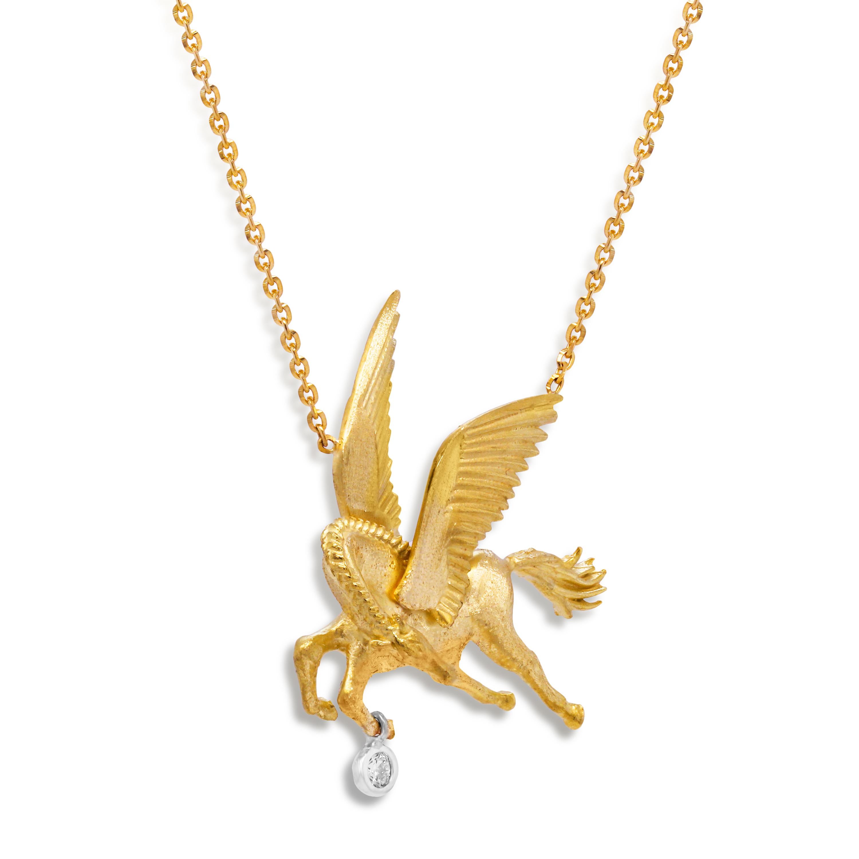 Modern Stambolian 18 Karat Gold Dangling Bezel Diamond Pegasus Pendant Necklace